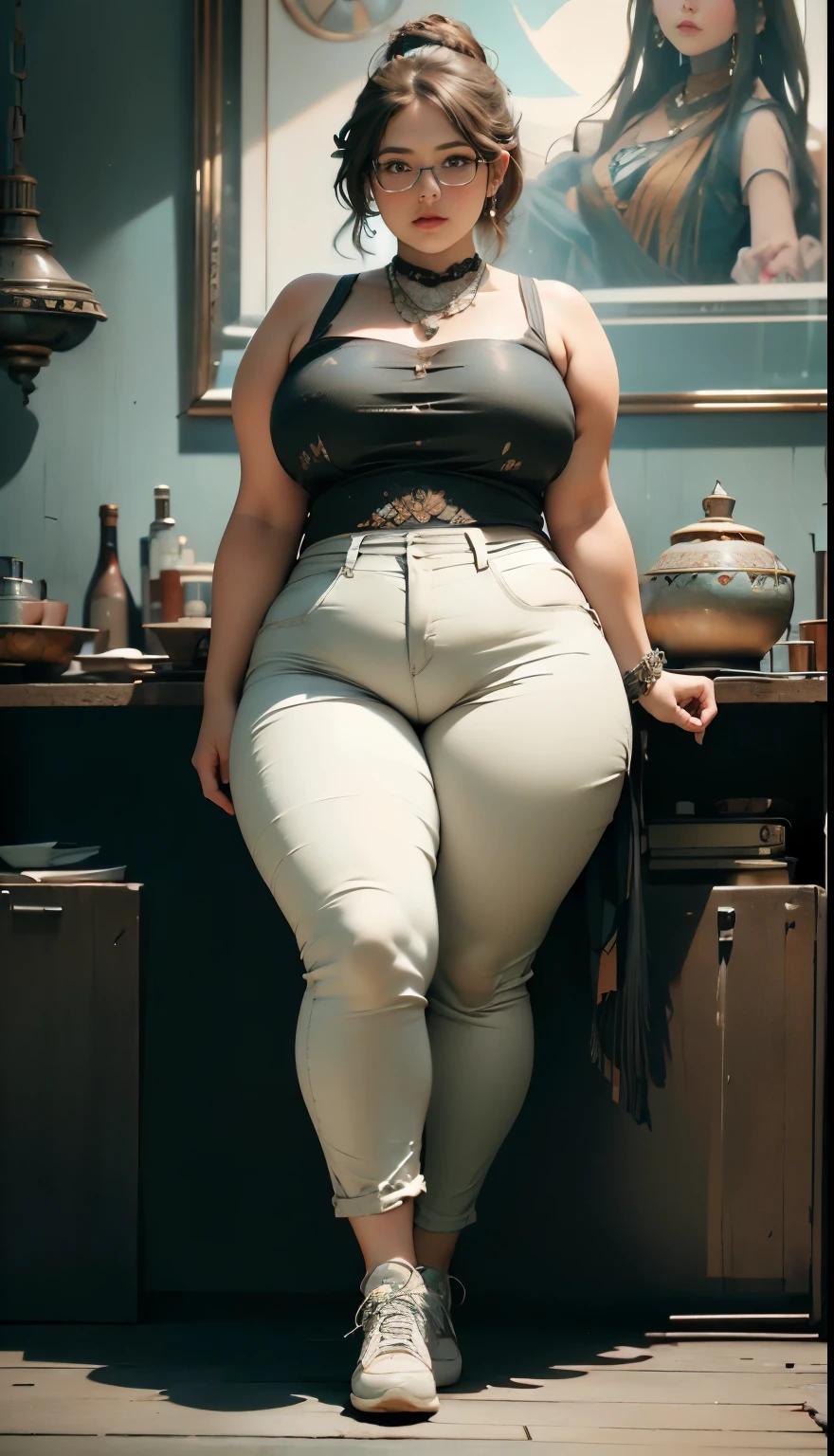 ((best quality)), ((masterpiece)), (detailed), perfect face, chubby woman, chubby face , chubby girl , widest hips , fat belly , thick neck ,, thicc , thick body , thick thighs , thick arm, small breasts but her body is a chubby, full body view, dark-black room, black bokeh background, thight dress, wearing sneakers, short hairstyle, diamond necklace, wearing a watch, tall woman, restore face, white skin , longest thight pants , glasses , cold vibes, , 4k resolution, japanese goddess 