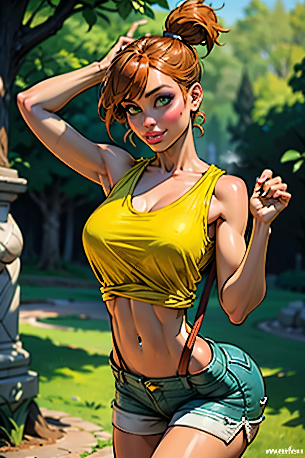 (best quality,4k,8k,highres,masterpiece:1.2),ultra-detailed,(realistic,photorealistic,photo-realistic:1.37),HDR,UHD, ((misty)), character, studio lighting,ultra-fine painting,sharp focus,physically-based rendering,extreme detail description,professional,(orange hair), (gigantic breasts), side short ponytail, ((red suspenders)), ((yellow tank top)), short blue shorts, vivid colors,bokeh,portraits,soft colors,warm lighting,glowing skin,delicate features,expressive eyes,sensual lips,flawless complexion,subtle makeup,feminine posture,ethereal atmosphere,dreamy summer vibes,golden hour lighting,flowing dress,gentle breeze,warm sunlight,playful smile,graceful movement,seamless integration between subject and background,subtle texture,filmic aesthetic,romantic mood,elaborate hairstyles,graceful gestures,curve-hugging outfit,vibrant color palette,soft focus,romantic ambiance,lush greenery,stone architecture,beautifully adorned columns,timeless setting.