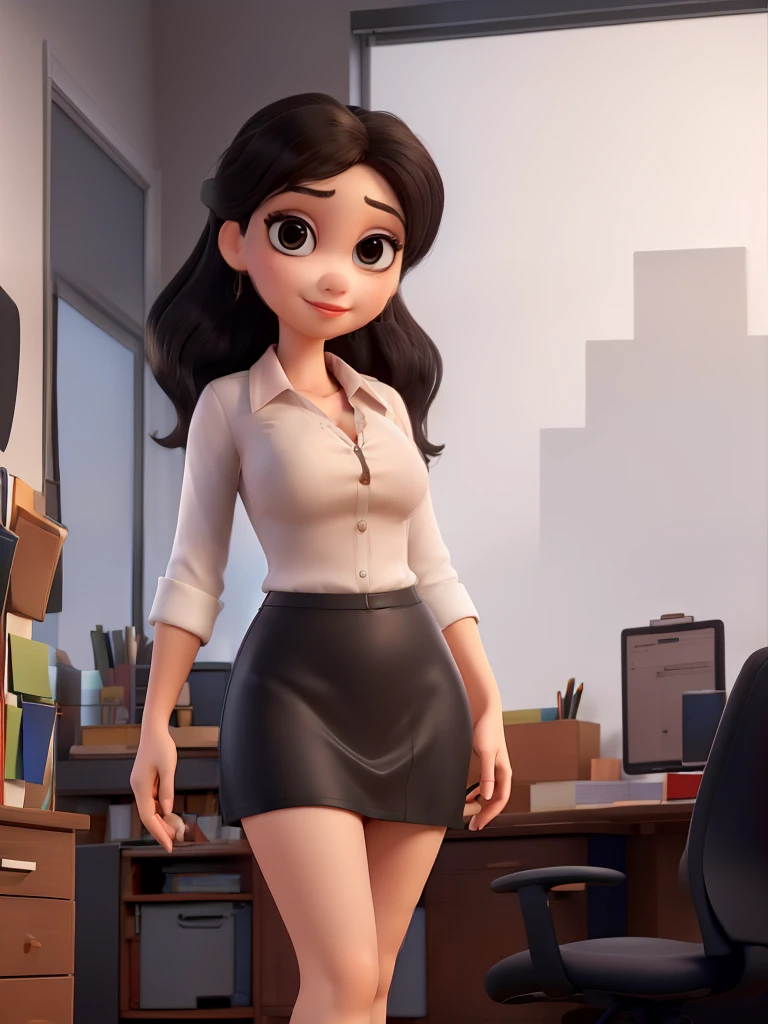 3dcharacter,office girl,cleavage shirt,cleavage,nsfw,black pencil skirt,tight skirt,(full body:1.2),masterpiece,best quality,big eyes,Large lipstick, makeup,fat body