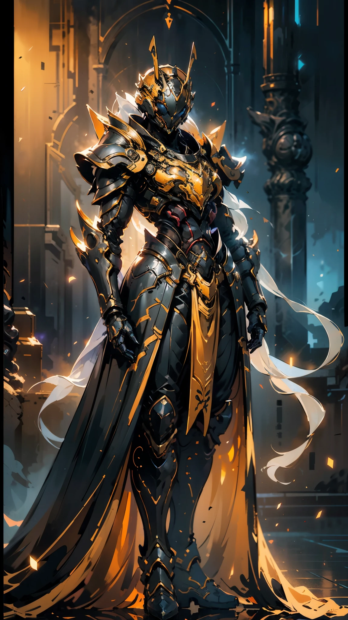 A woman adorned in fantasy-style full-body armor, a crown-concept fully enclosed helmet that unveils only her eyes, a composite layered chest plate, fully encompassing shoulder and hand guards, a lightweight waist armor, form-fitting shin guards, the overall design is heavy-duty yet flexible, (the armor gleams with a golden glow, complemented by red and blue accents), exhibiting a noble aura, she floats above a fantasy-surreal high-tech city, this character embodies a finely crafted fantasy-surreal style armored hero in anime style, exquisite and mature manga art style, (mixture of Queen bee and Spider concept Armor, plasma), ((Element, elegant, goddess, femminine:1.5)), metallic, high definition, best quality, highres, ultra-detailed, ultra-fine painting, extremely delicate, professional, anatomically correct, symmetrical face, extremely detailed eyes and face, high quality eyes, creativity, RAW photo, UHD, 32k, Natural light, cinematic lighting, masterpiece-anatomy-perfect, masterpiece:1.5