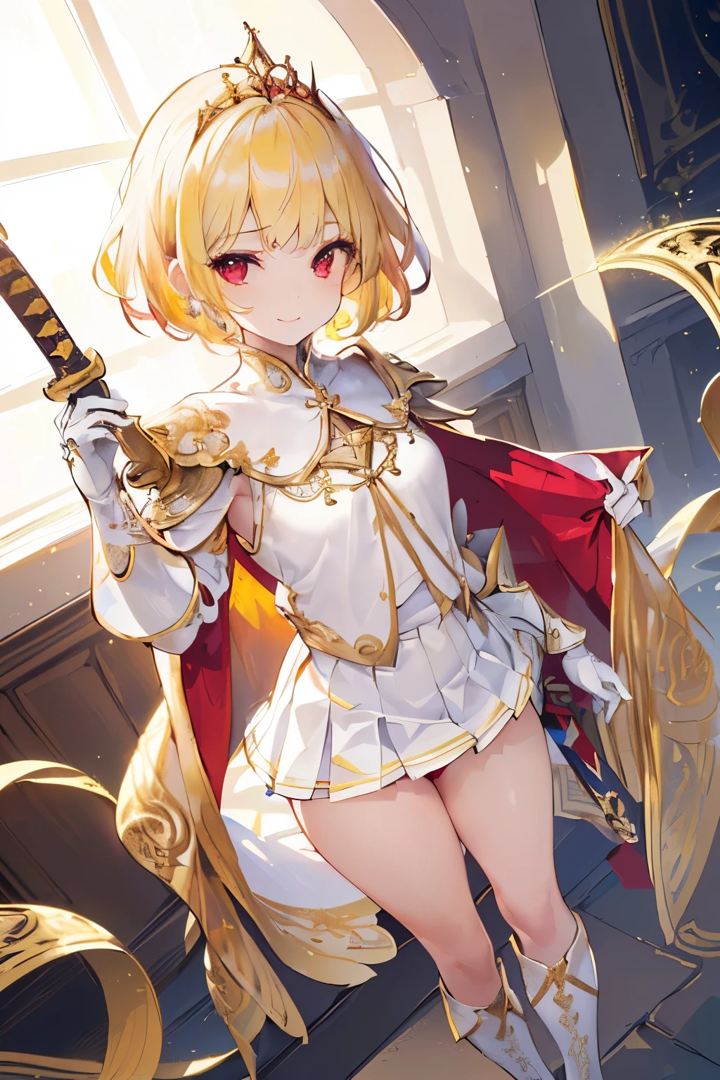 (((1girl))), ((best quality)), ((masterpiece)), ((ultra-detailed)), (illustration), (detailed light), (an extremely delicate and beautiful), (beautiful detailed eyes), (sunlight), ((extremely light)), ((extremely clothes)), (((hyper detail))),(((((front lighting))))),(((((front light))))),
((((quite adorable and white and gold armor with a pleated skirt and robe and tiara)))),
((((Excutioner)))),
,
(((wavy short manish bob))), ((((yellow gold hair)))), ((((short hair)))),
(((deep red eyes))),
((((whole body)))), aged 5 to 8, ((((())))), ((((very adorable young girl)))),
((condescending expression)), ((mischievous smile with sexual satisfaction)), (((extra adorable))), (((((extra slender shape))))),
(((((extremely beautiful detailed face))))),
(((bravely standing with a sword))),
(((elegant boots))),
(Dutch angle), (((elegant gloves))), ((transparent magical underskirt)), ((a little bit exposed adorable magical panties))