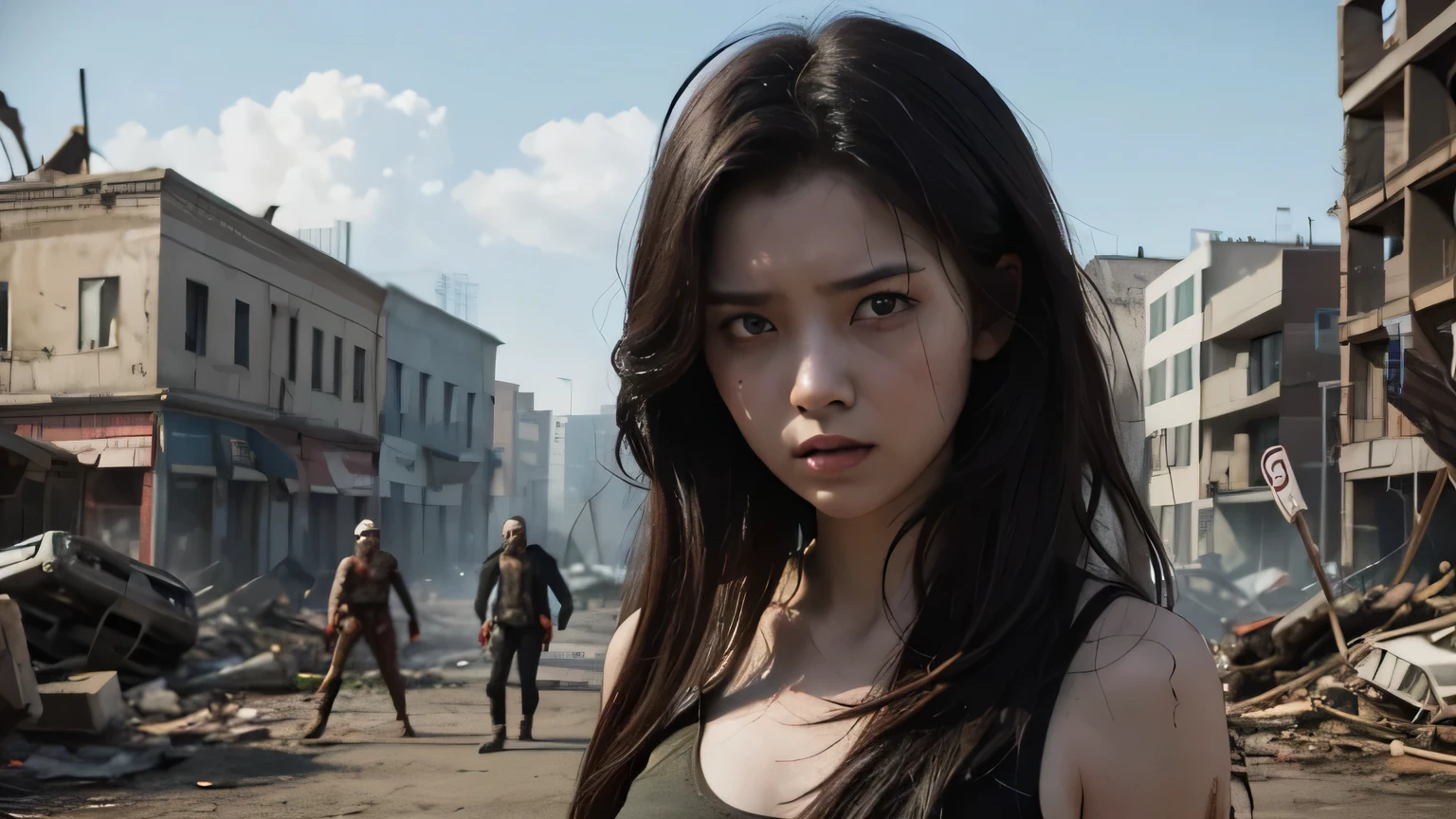 young woman is fighting zombies in a destroyed city
