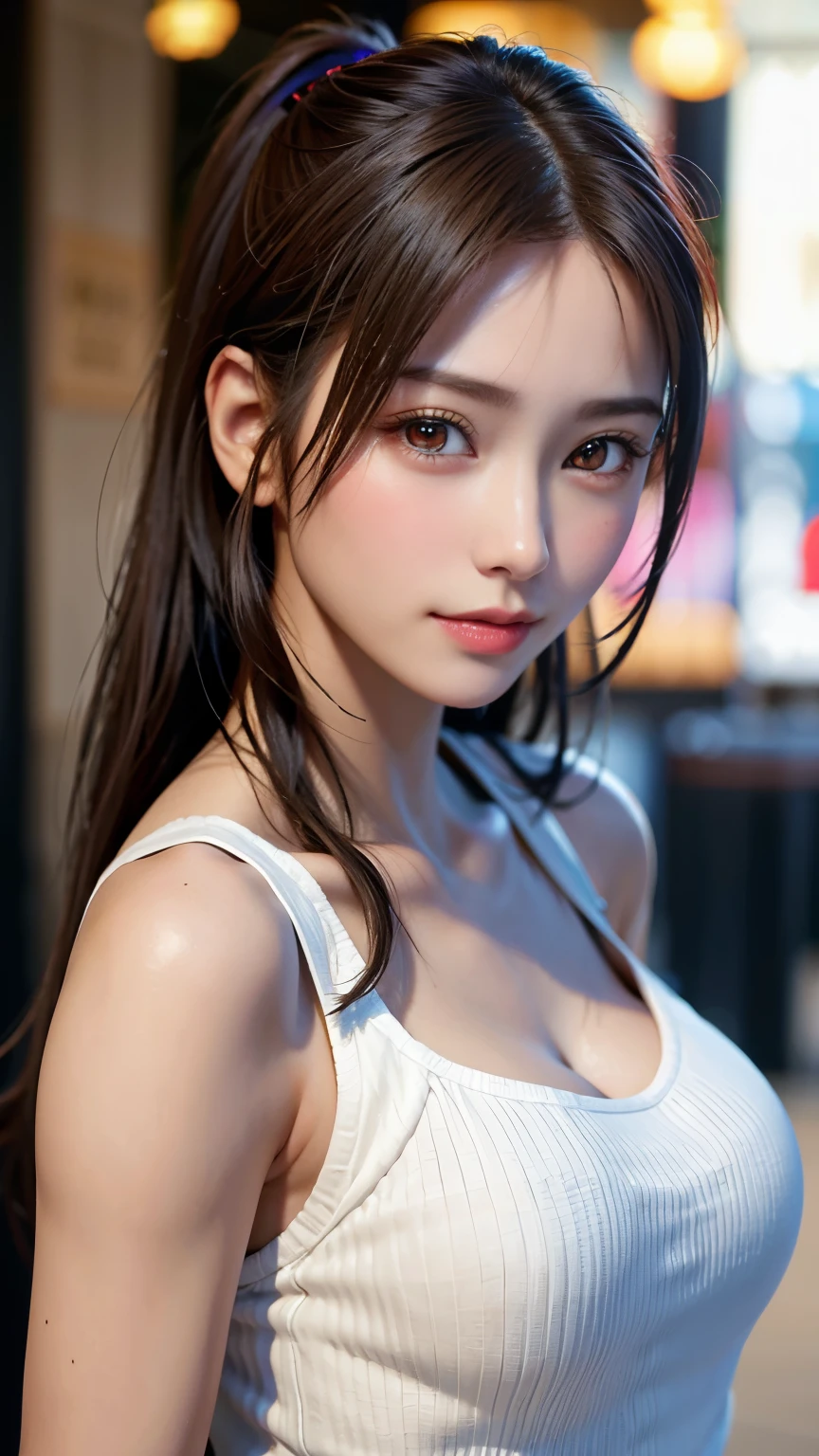 masterpiece, 最high quality, ultra high resolution, (realistic:1.4), detailed beautiful face, fine clothes, amazing european women, wearing a white tank top, So cute, Portrait, 肌が柔らかくてperfect face、perfect face, gorgeous long ponytail brown hair, 8K resolution,Super realistic,super detailed,high quality, (small breasts:1.2), wide field of view