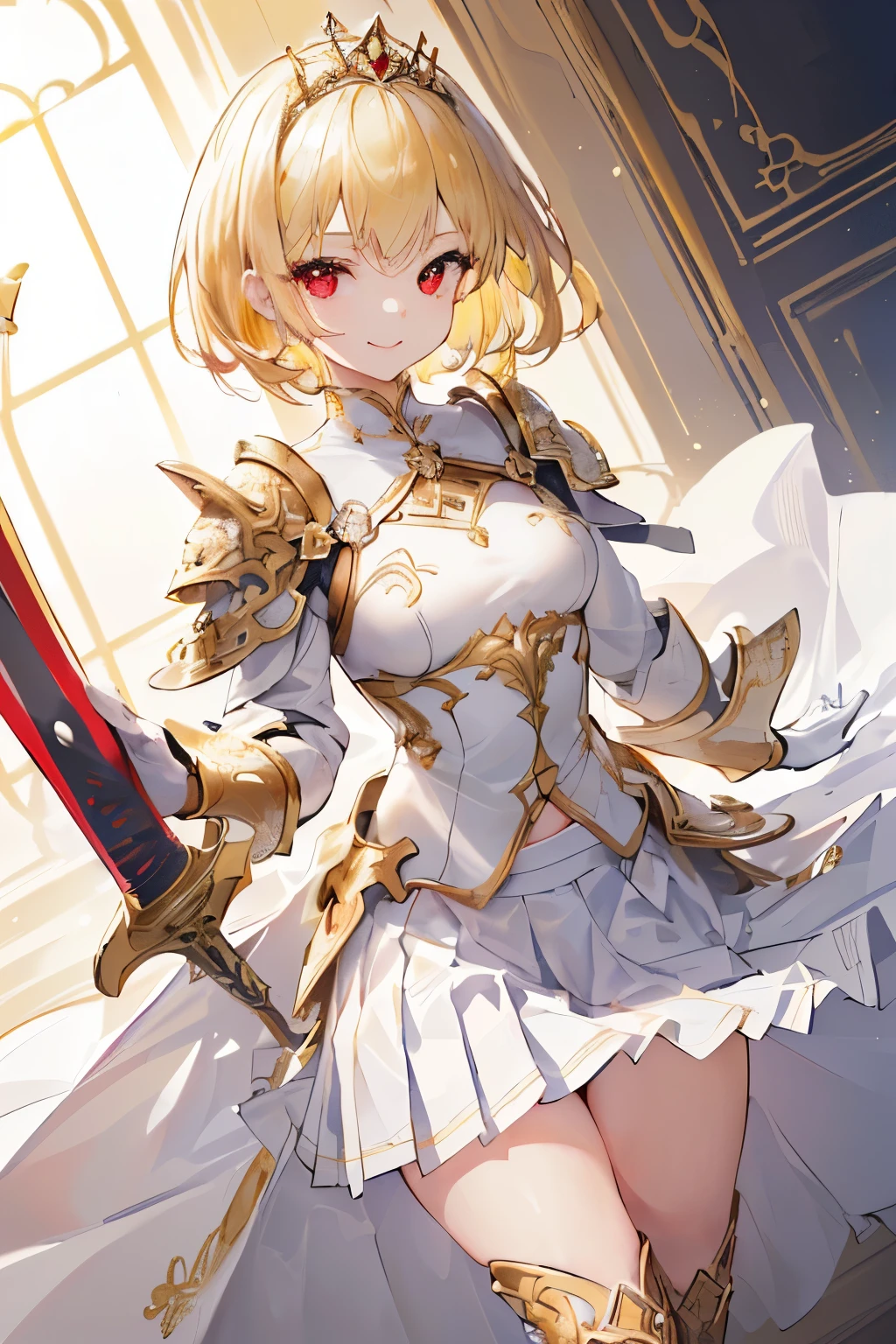 (((1girl))), ((best quality)), ((masterpiece)), ((ultra-detailed)), (illustration), (detailed light), (an extremely delicate and beautiful), (beautiful detailed eyes), (sunlight), ((extremely light)), ((extremely clothes)), (((hyper detail))),(((((front lighting))))),(((((front light))))),
((((quite adorable and white and gold armor with a pleated skirt and robe and tiara)))),
((((Excutioner)))),
,
(((wavy short manish bob))), ((((yellow gold hair)))), ((((short hair)))),
(((deep red eyes))),
((((whole body)))), aged 5 8, ((((())))), ((((very adorable young girl)))),
((condescending expression)), ((mischievous smile with sexual satisfaction)), (((extra adorable))), (((((extra slender shape))))),
(((((extremely beautiful detailed face))))),
(((bravely standing with a sword))),
(((elegant boots))),
(Dutch angle), (((elegant gloves))), ((transparent magical underskirt)), ((a little bit exposed adorable magical panties))
