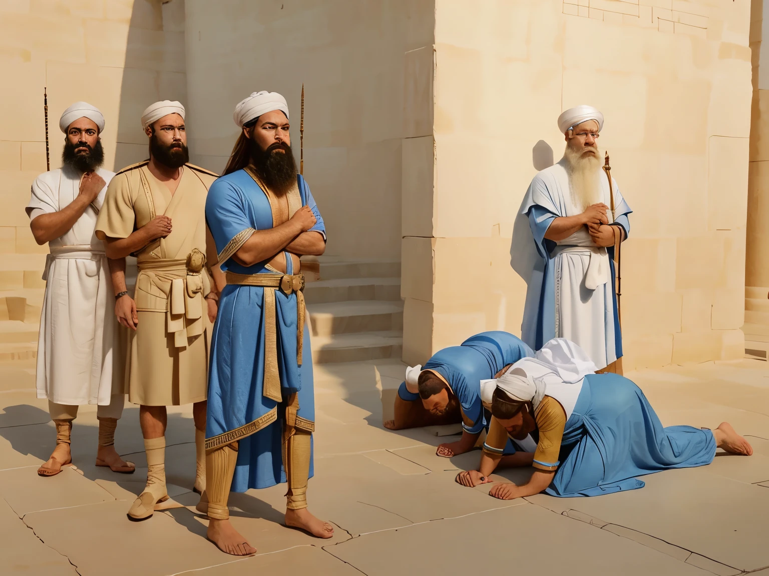 HAMAN in his blue robe followed by two soldiers and , three servants bow down, but white bearded MORDECHAI stand up , in ancient Mesopotamia 500BC era, high definition, 4k, intricate details