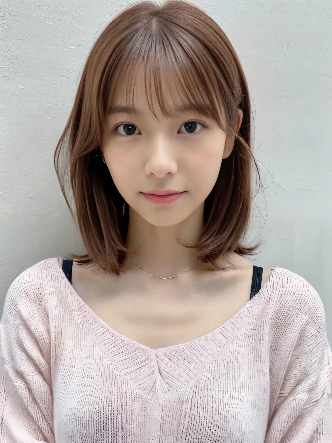 (very realistic pictures, High resolution, detailed face, fine eyes), ((Taken in front of a white wall))、japanese woman, 40 years old, various expressions, alone:1, slim body shape, various hairstyles, casual clothes, Only one person is in the photo、long sleeve dress、Photographed in natural light、simple necklace、spring clothes、Don&#39;don&#39;t look at the camera、profile、pink brown hair color、bob hair