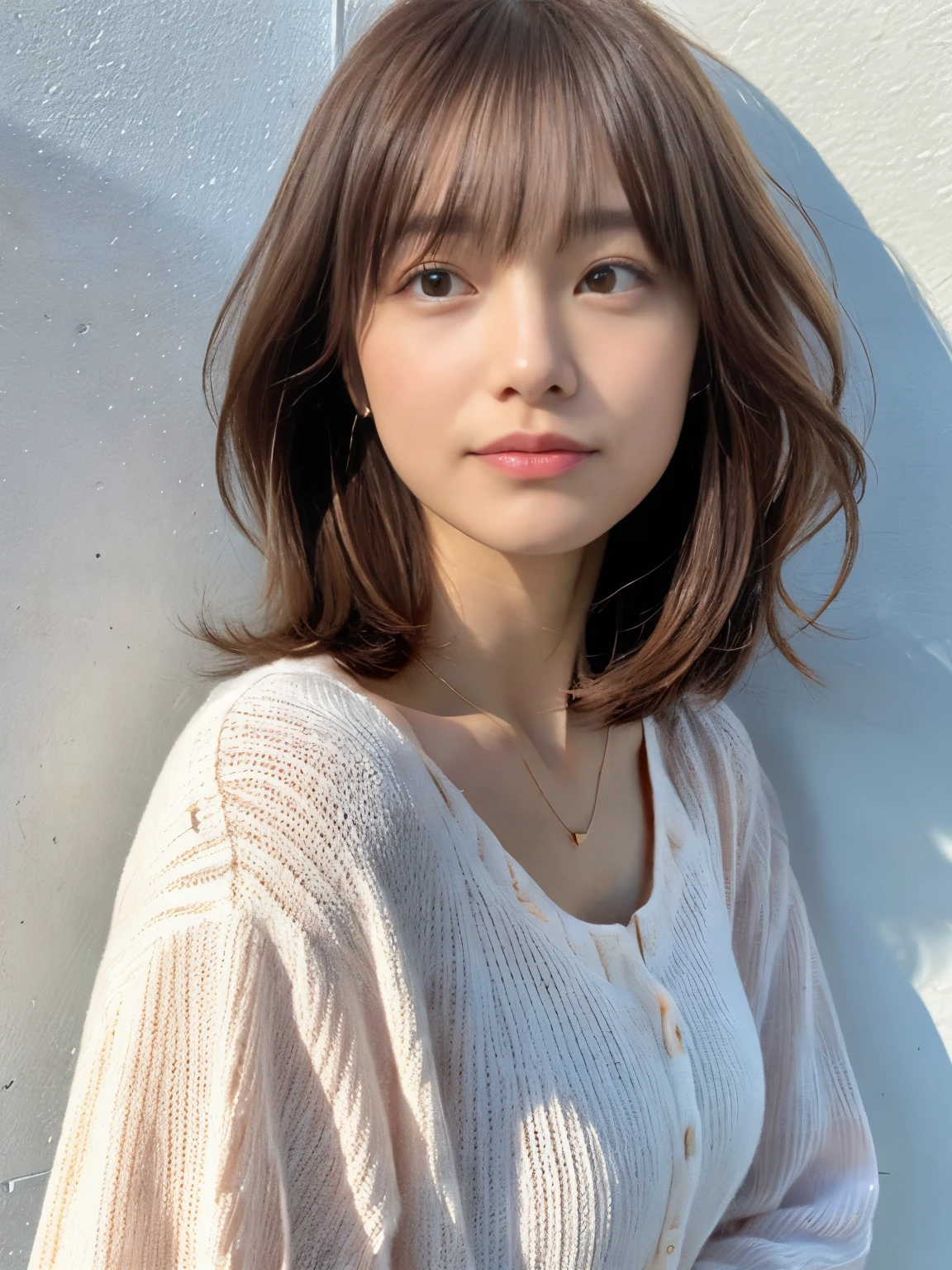 (very realistic pictures, High resolution, detailed face, fine eyes), ((Taken in front of a white wall))、japanese woman, 40 years old, various expressions, alone:1, slim body shape, various hairstyles, casual clothes, Only one person is in the photo、long sleeve dress、Photographed in natural light、simple necklace、spring clothes、Don&#39;don&#39;t look at the camera、profile、pink brown hair color、bob hair