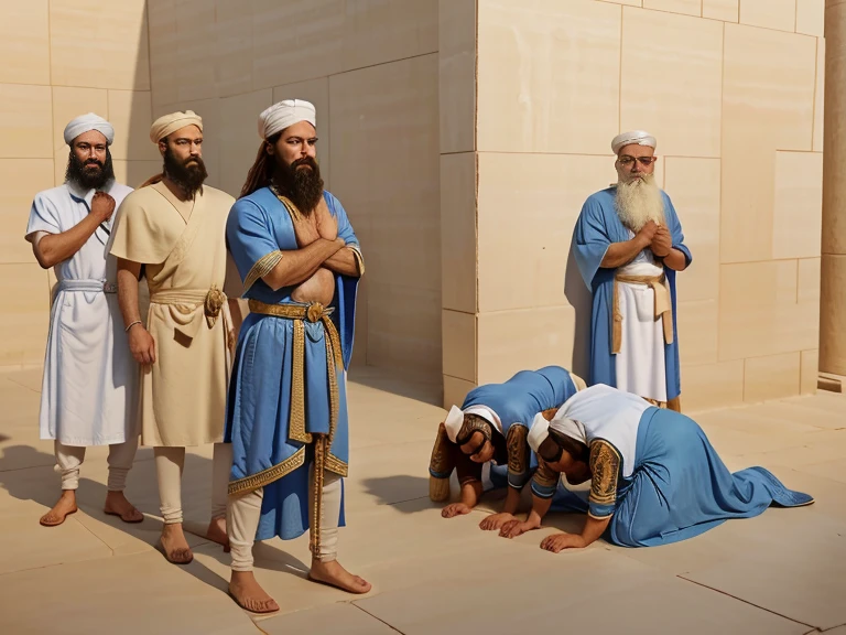 HAMAN in his blue robe followed by two soldiers and , three servants bow down, but white bearded MORDECHAI stand up , in ancient Mesopotamia 500BC era, high definition, 4k, intricate details