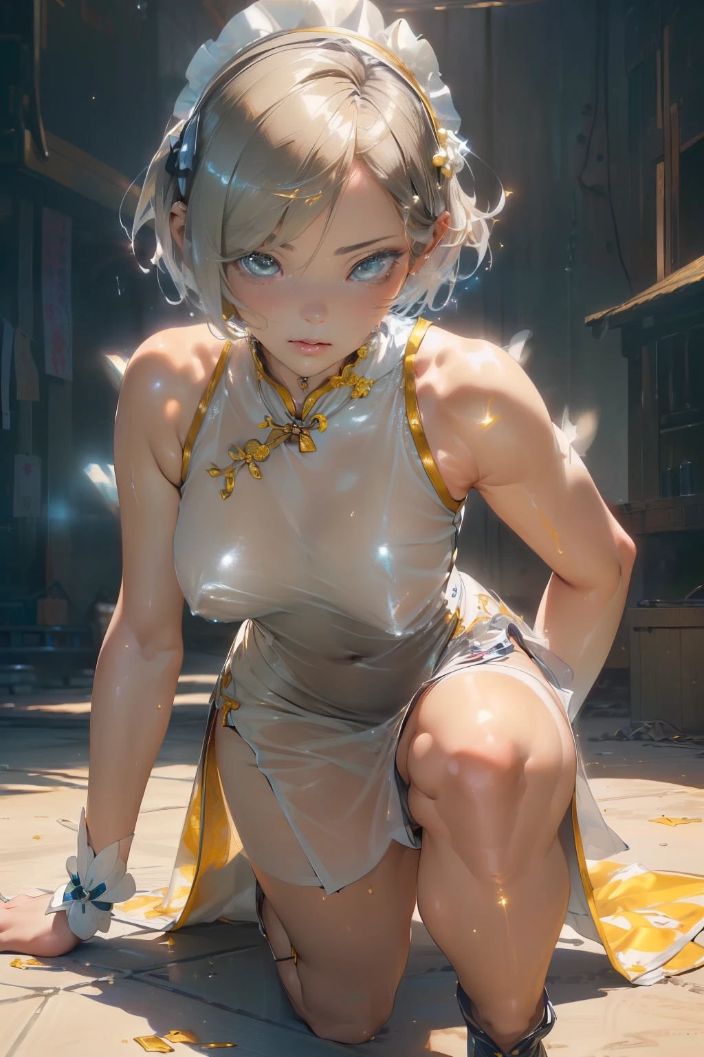 (quality)), ((masterpiece)), Recommended results、puffy nipples、(see through:1.5)、straighten your back、abdominal muscles、huge bust、angle to floor:1.2、low camera angle、Hair loss on crotch,Hatsune Miku,(cyborg girl),maid 1 名女孩)),((charming and beautiful pale nipples 金色的 hair)),(big breasts:1.4),Breast sagging,(((pale nipples 金色的 bob hair:1.35,Colored inner hair,short hair),),((pale nipples ((金色铠甲cheongsam)),((maid mechanical 玩具娃娃:1.5,body:1.5,metal skin,ball joint,cyborg:1)),(((pale nipples_((fat)),(((shiny skin:1.5,bright skin: 1.5,shiny skin,very shiny skin,shining body,plastic glitter skin,exaggerated shiny skin,glowing skin,wet legs))),(lower abdomen,Yao Liu,wide hips,detailed body,(Detailed face)),charming,Tempting,,((national foundation)),(maid headdress),only_Shoulder,Delicate metal decoration,hat,(maid),sleeveless,mini skirt,boots,art photography,(Photos taken by sldr),high resolution, sharp focus,(super detailed, Very detailed), (realistic artwork:1.37),(Very detailed CG unity 8k wallpaper),(masterpiece),(最好的quality),Perfect face,Perfect face,round face,lifelike,analog style,(),(((realism))),金色short hair,cheongsam
