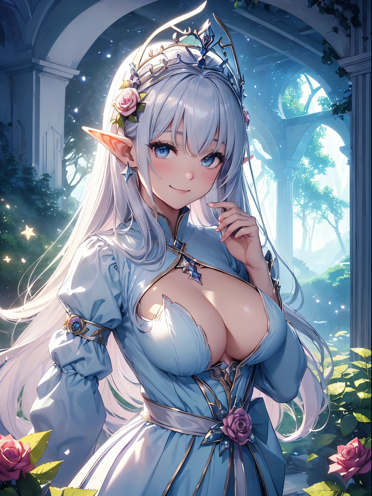 highest quality、Highest image quality、masterpiece、Titania、Super beautiful elf beauty((22 years old OL big bust、bust 90,beautiful long ironed hair、silver hair、Height: 165cm。slender、sexy、Esbian、beautiful tiara、High quality、beautiful art、background((starry ski)))muste piece、visual art、Depth of the bounds written、、elf ears、、光のmagic、universe、A happy smile、gentle light、、、ticker beautiful decorative、elegant、mystical　rosa、　heaven、beautiful dressy、beautiful dress、、giant galaxy、morning、myth、ART、Lord of the Ring、sexy、friendly smile、Fantastic、mysterious forest、in the forest、magicの光、fantasy、flower、super REALITYMany roses、little fairy、magic、壮大なflower畑、fairy world、fantasy