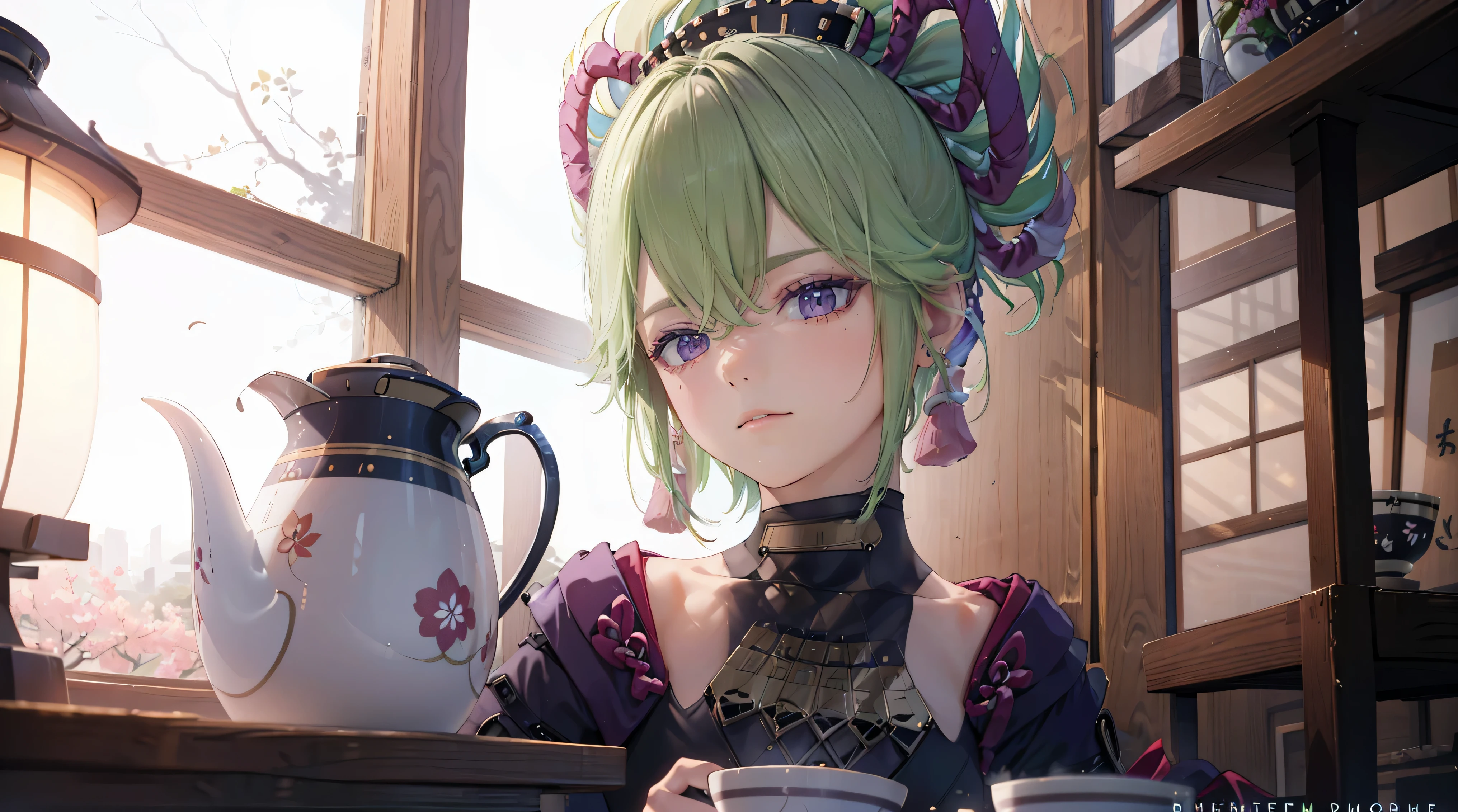 Beautiful proportions, thin, (best quality,8k,height,Masterpiece:1.2),(realistic,photorealistic,photo-realistic:1.37), Mr. Ta Si, a purple traditional Japanese bakery,Beautifully detailed eyes,happiness,glowing eyes,smile,บรรยากาศquiet,Traditional Japanese clothing,work(best quality,Comprehensive,advertisement:1.2),bright and warm,sweet and sleepy,complete happiness,smileสดใส,cherry tree,quiet,aroma,dreamlike,bright colors,delicate light,Traditional Japanese tea set,Lively atmosphere, พื้นหลังเป็นเมืองญี่ปุ่นเก่าแก่ที่มีcherry tree.,