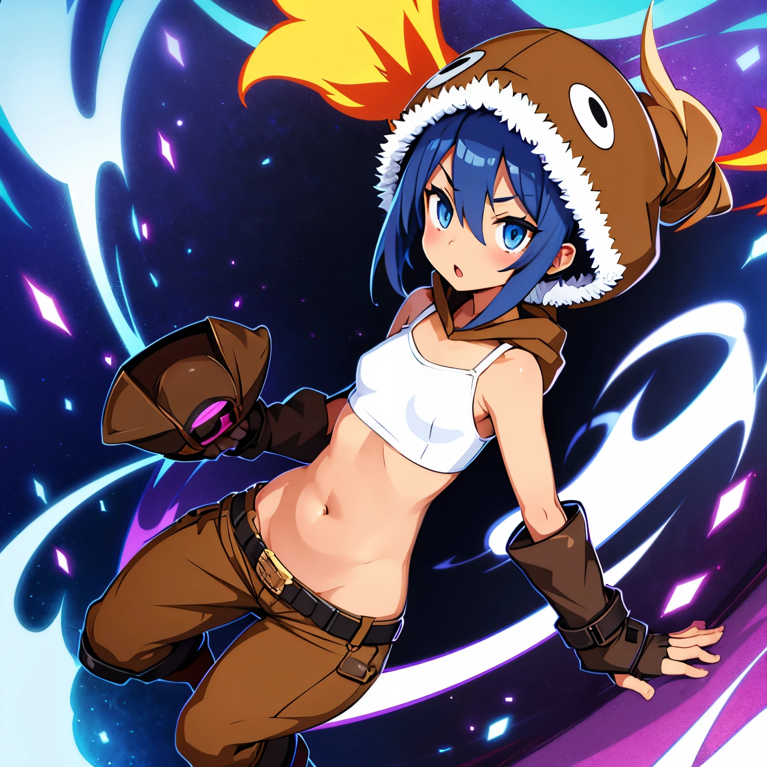 dwarf   pygmy squishy slender moody sharp eyes chestnut mouth short messy blue hair amber eyes dark skin suntan sports bra hot pants gloves short boots belt choker white fur hood navel groin ribs modest chest