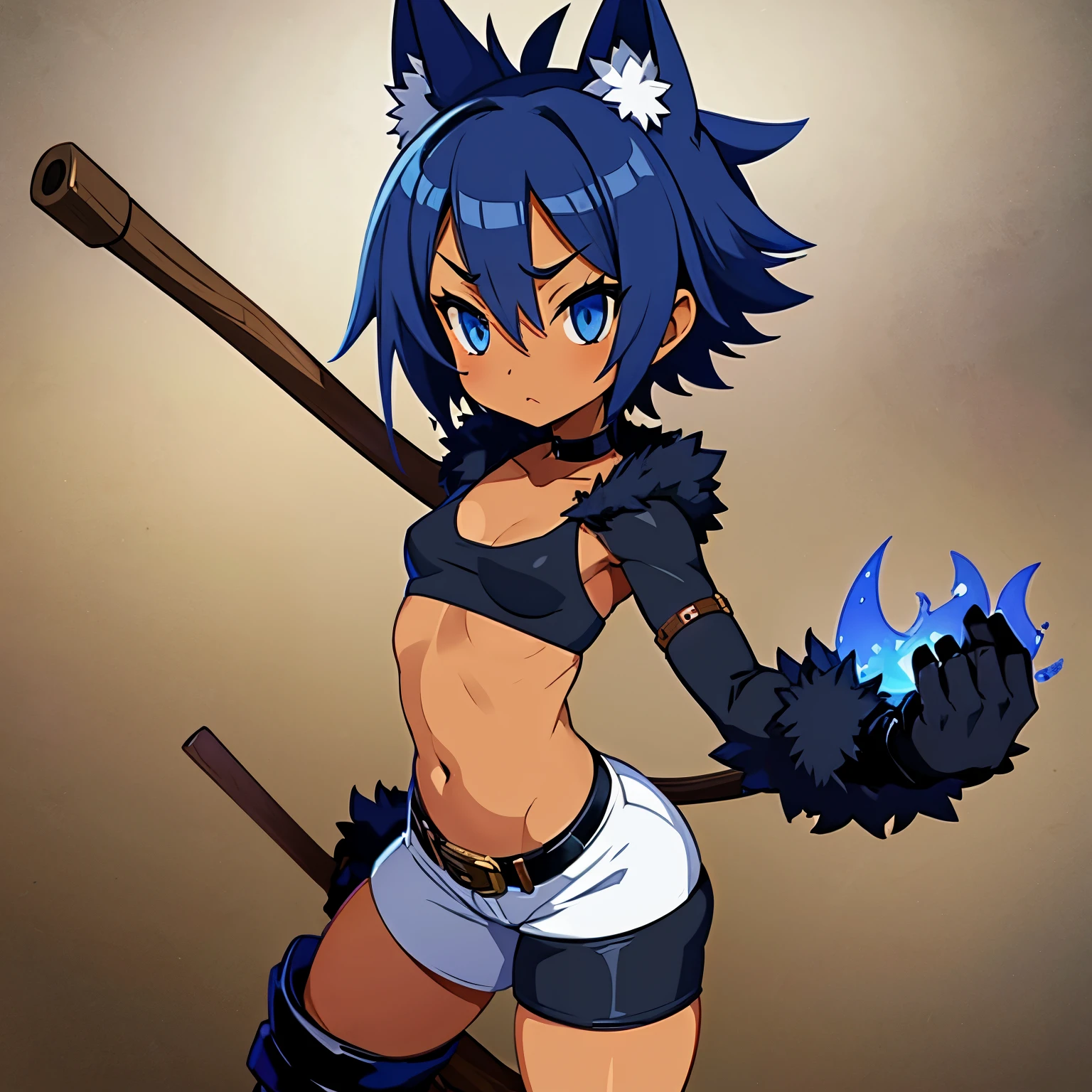 Dwarf   pygmy squishy slender moody short messy blue hair amber eyes black irises dark skin tanned sports bra hot pants gloves short boots belt choker wolf fur hood bandage navel