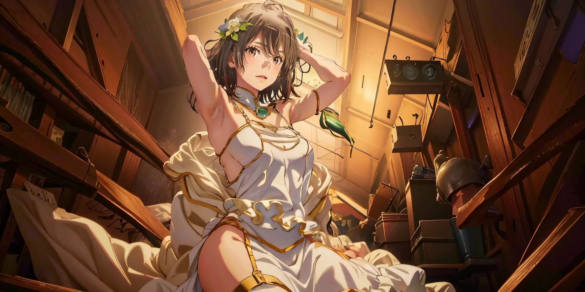 anatomically correct, best quality, masterpiece, high quality, high details, highres, HD, (shaded face:1.2), hollow eyes, maroon eyes, looking at viewer, heavy breathing, smirk, upper teeth, black hair, short hair, white dress, hip vent, long dress, arm_strap, 1girl, thigh_strap, long_hair, breasts, black_hair, solo, armpits, looking_at_viewer, bare_shoulders, huge_breasts, sweat, skindentation, bangs, blush, thighs, jewelry, flower, fantasy art,