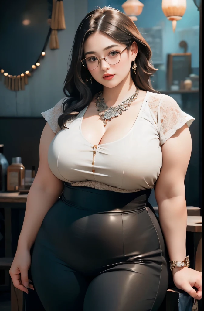 ((best quality)), ((masterpiece)), (detailed), perfect face, chubby woman, chubby face , chubby girl , widest hips , fat belly , thick neck ,, thicc , thick body , thick thighs , thick arm, small breasts but her body is a chubby, full body view, dark-black room, black bokeh background, thight dress, wearing sneakers, short hairstyle, diamond necklace, wearing a watch, tall woman, restore face, white skin , longest thight pants , glasses , cold vibes, , 4k resolution, japanese goddess 