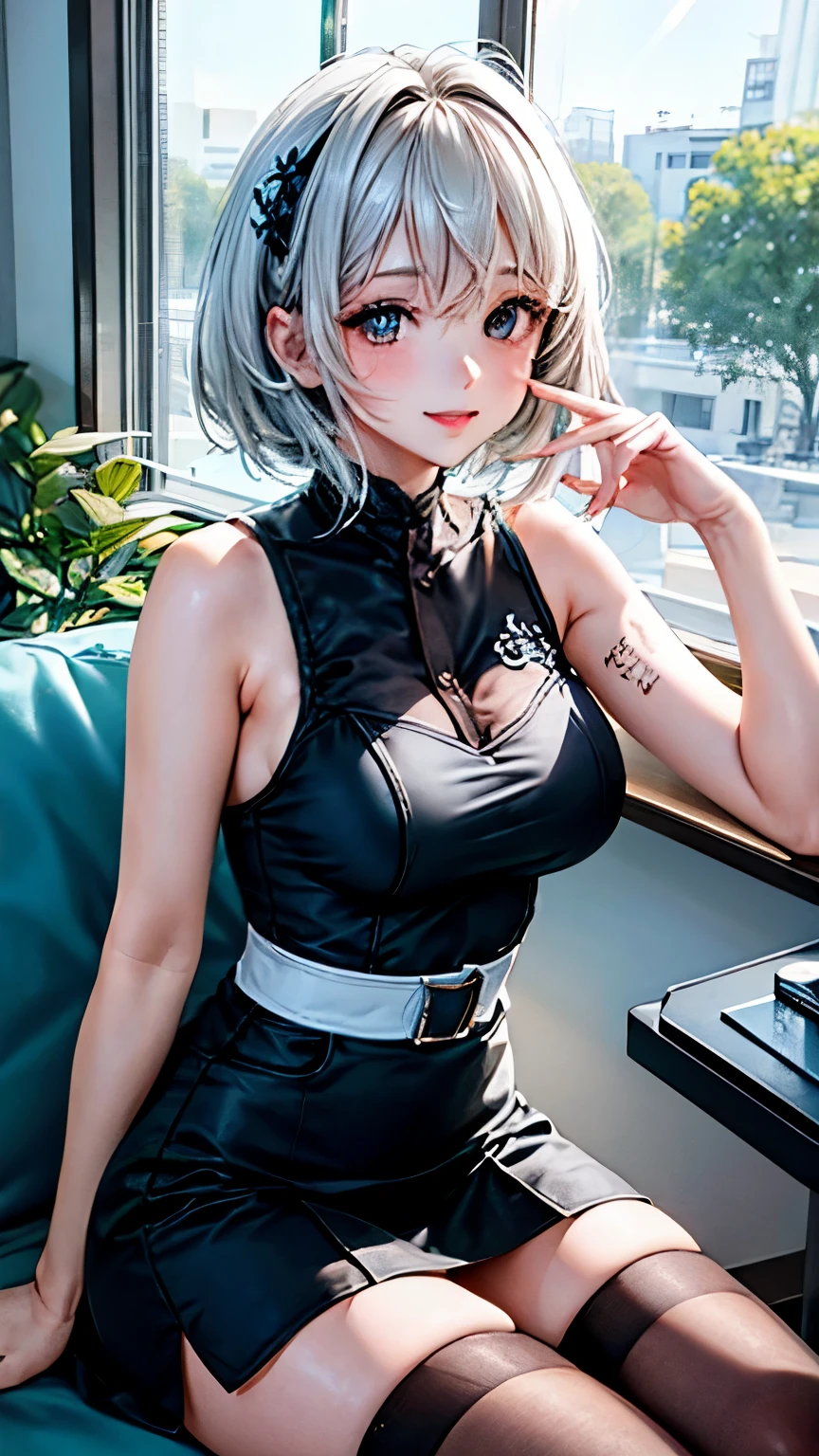 Woman, short hair, white hair, white hair ((with blue tips)), ((green eyes)), small breasts, black pencil skirt, black crop top, long sleeves, white socks, thigh high socks, knee boots, ((black skirt, black top)), blue dip dyed hair, hair over one eye, solo, 1 girl