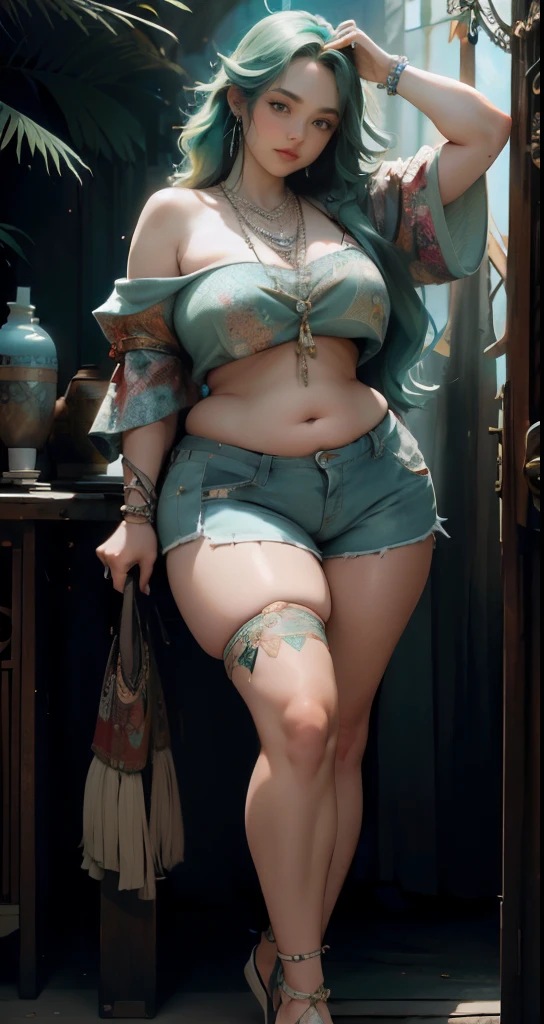 photorealistic, high resolution, soft light,1women, solo, wide hips, (detailed face),tattoo, jewelry, , , blue and green hair Color , (closeup), wide angle,, (busty), armpit , Slightly fat belly, large breasts, full body angle, 40 years old woman , thick thighs , thick arms , standing in dark rooms, short pants, wearing a three bracelet, wearing two diamond necklace , wearing a watch, wearing airmax shoes , japanese goddess, wavyshort hairstyle, fat belly, thick fat belly, thick wide hips, thick arm, bbwchan, massive arm, full body,