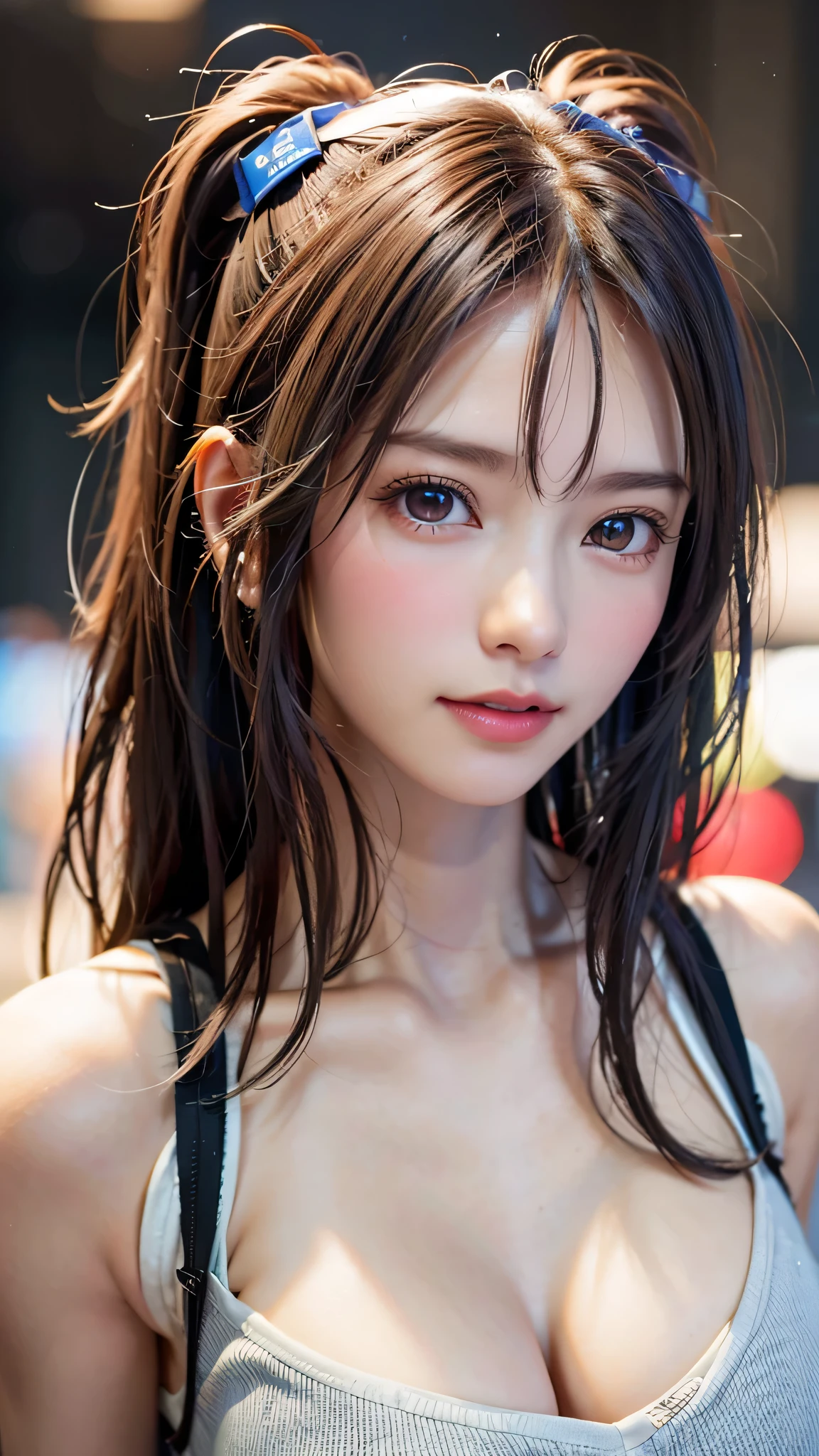 masterpiece, 最high quality, ultra high resolution, (realistic:1.4), detailed beautiful face, fine clothes, amazing european women, wearing a white tank top, So cute, Portrait, 肌が柔らかくてperfect face、perfect face, gorgeous long ponytail brown hair, 8K resolution,Super realistic,super detailed,high quality, (small breasts:1.2), wide field of view