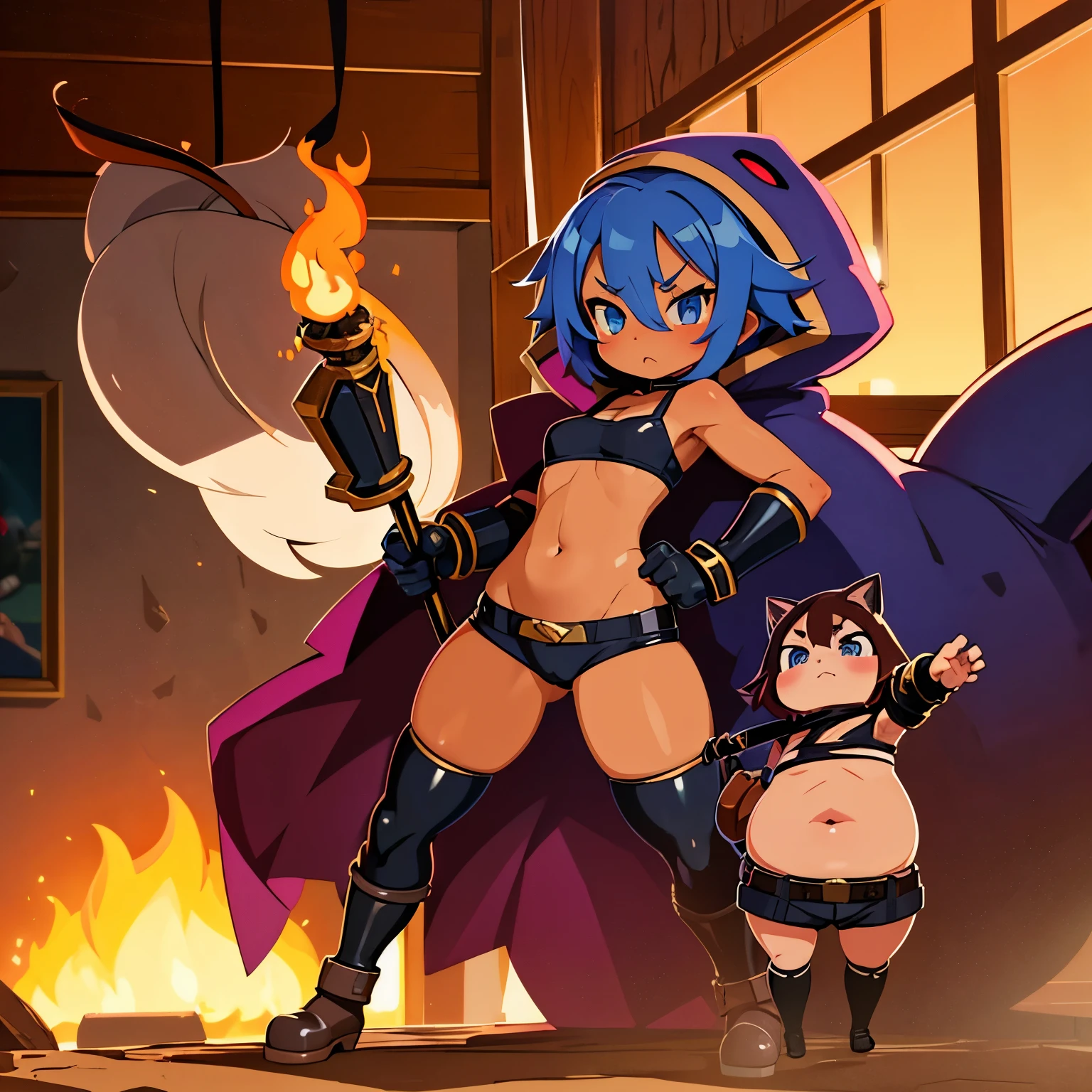 Dwarf, , pygmy, slender, growing chest, cat eyes, chestnut-like mouth, flushed cheeks, short messy blue hair, amber eyes, dark skin, sunburn marks, sports bra, spats, gloves, short boots, belt, choker, white fur hood, belly button, groin, thighs