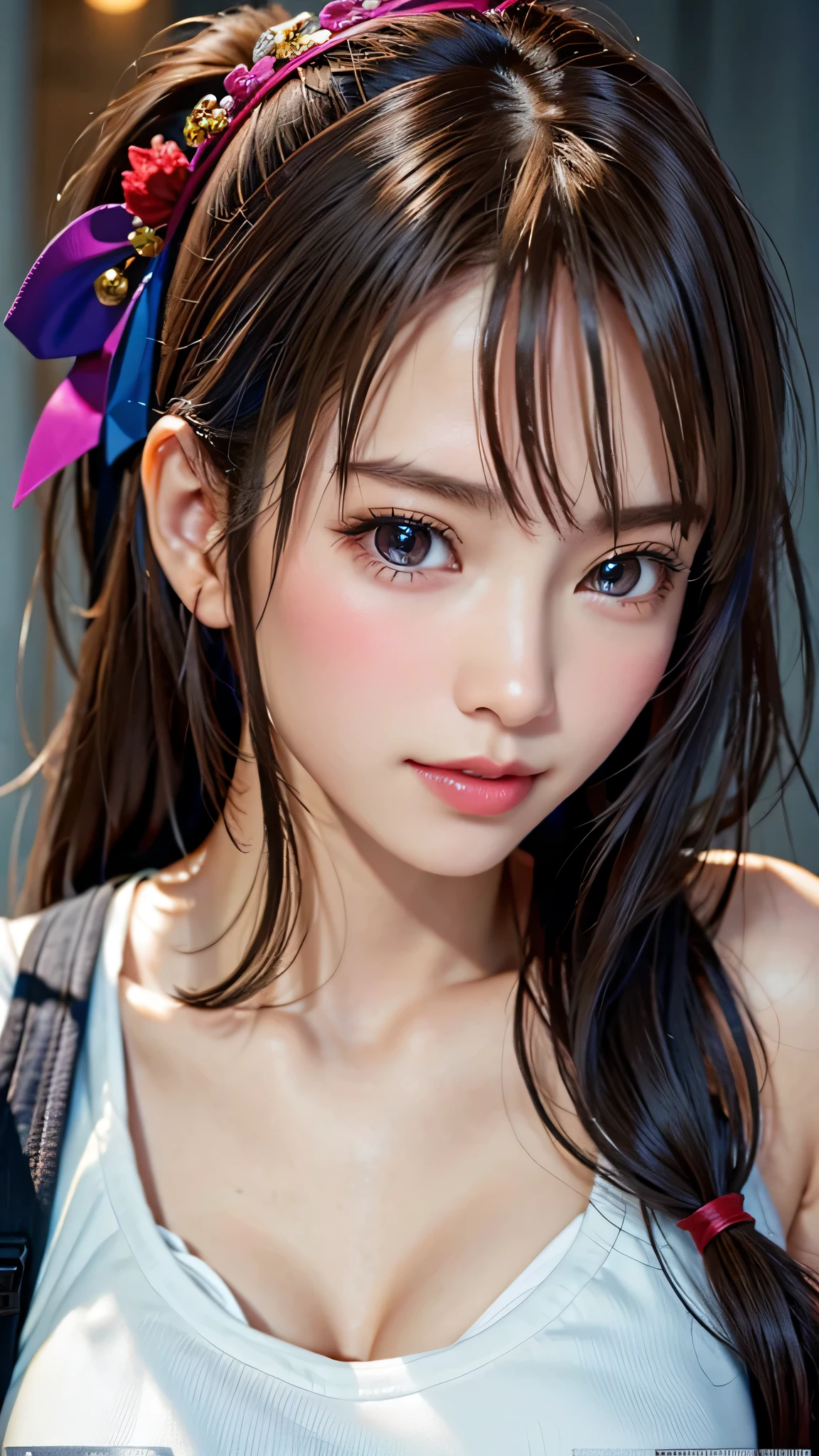 masterpiece, 最high quality, ultra high resolution, (realistic:1.4), detailed beautiful face, fine clothes, amazing european women, wearing a white tank top, So cute, Portrait, 肌が柔らかくてperfect face、perfect face, gorgeous long ponytail brown hair, 8K resolution,Super realistic,super detailed,high quality, (small breasts:1.2), wide field of view