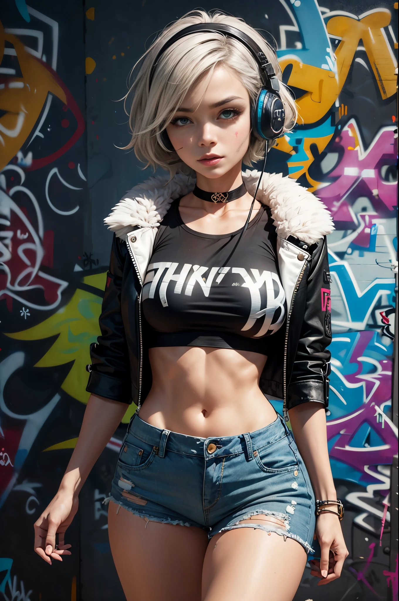 masterpiece, best quality, Tia is shown to have a fairly slender figure. She has white-grey hair , she has short hair and large pale green eyes, crop top, denim shorts, choker, (graffiti:1.5), leather jacket with fur, paint splatter, arms behind back, against wall, looking at viewer, armband, paint on body, head tilt, bored, headset,