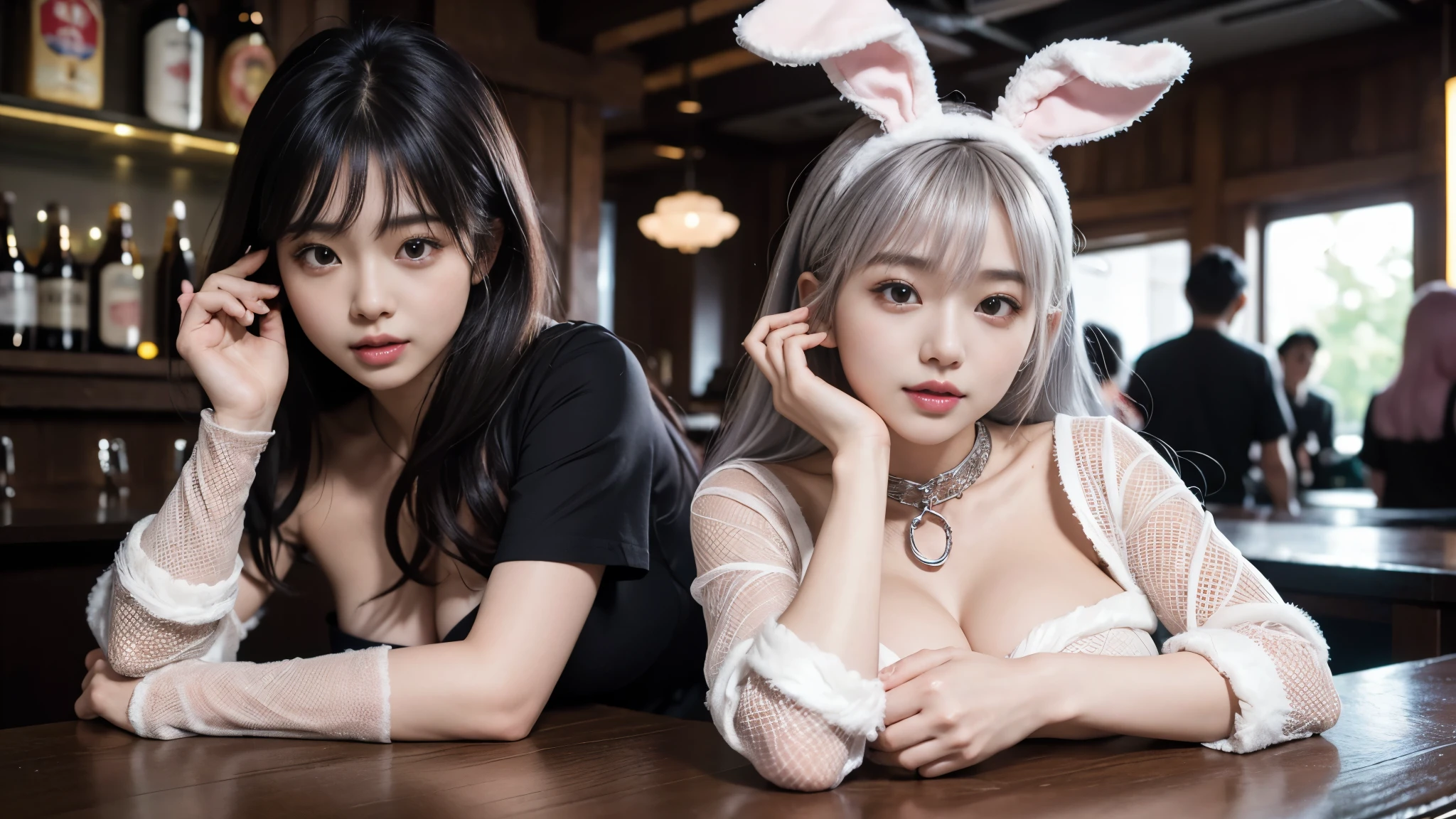 (highest quality、8k、16k、masterpiece、realistic、Super detailed、Beautiful in every detail、ray tracing)、photograph、(((holding a beer in hand)))、
((Alafie in a bunny costume lying on the bar counter)), gorgeous maid, japanese goddess, sexy girl, Real sensual gravure idol, sophisticated gravure idol, young sensual gravure idol, kotegawa yui, japanese model, mayuri shiina, seductive woman, Young and cute gravure idol, Looks like a Korean idol、25 year old female model、whole body、(detailed face、golden ratio of beauty)、gentle smile、lip details、fine eyes、((silver hair pink mesh hair color))、medium bob hair、Idol style super cute face、slim and beautiful body、beautiful breasts、Glossy skin、