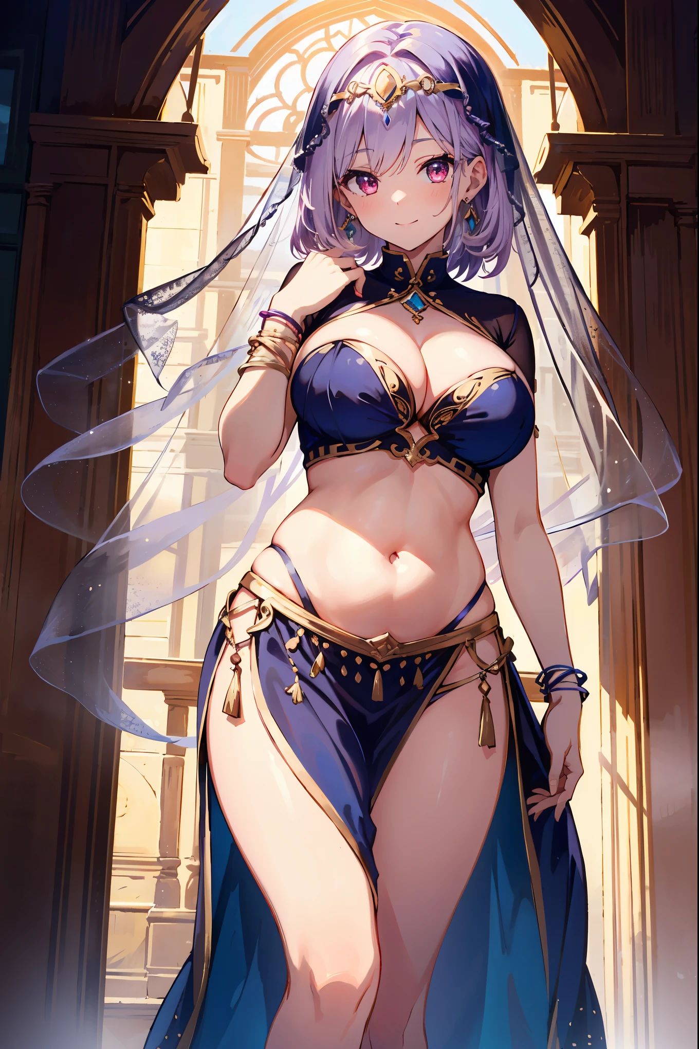 high quality, ultra detailed, best quality, insanely detailed, beautiful, masterpiece, 1girl, plaza, medieval europe, cowboy shot, red eyes, long hair, light purple hair, (belly dancer, harem outfit:1.2), crop top, (pelvic curtain:1.2), purple costume, bare legs, veil, circlet, earrings, armlets, bracelets, bashful smile, dancing, large breasts, cleavage, soft stomach, nice hands, perfect hands