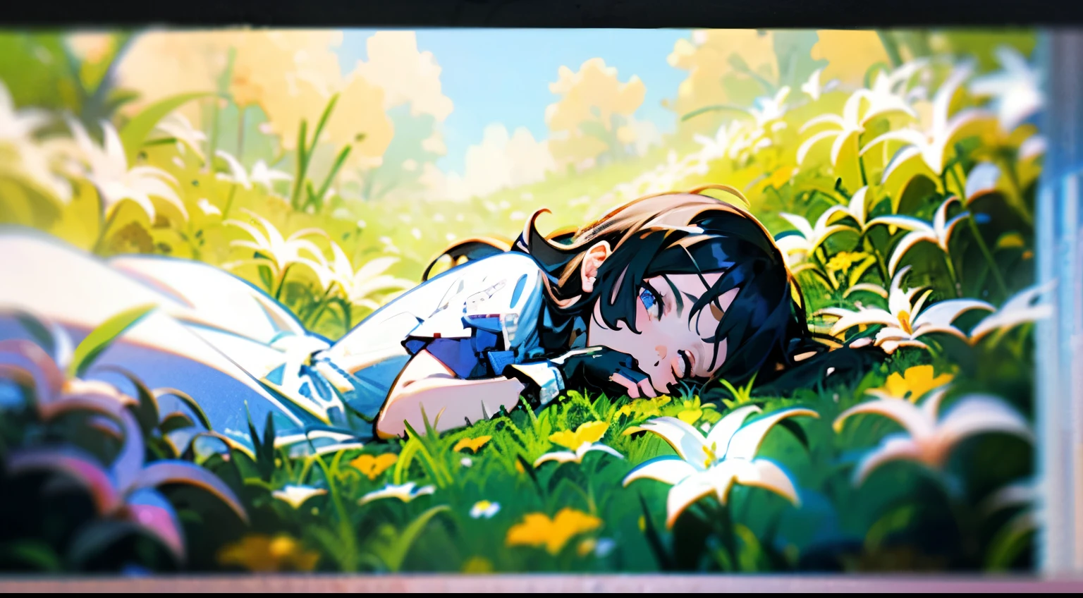 masterpiece, best quality), cinematic composition, letterboxed, depth of field, solo focus, girl lying in a field of flowers with resting on the ground, filled with flowers, gloves, flower, warm lighting, white dress,lily, the girl has her eyes closed, flowers scattered everywhere,flowers flying everywhere,Flowers around, girl in a bed of flowers, supine