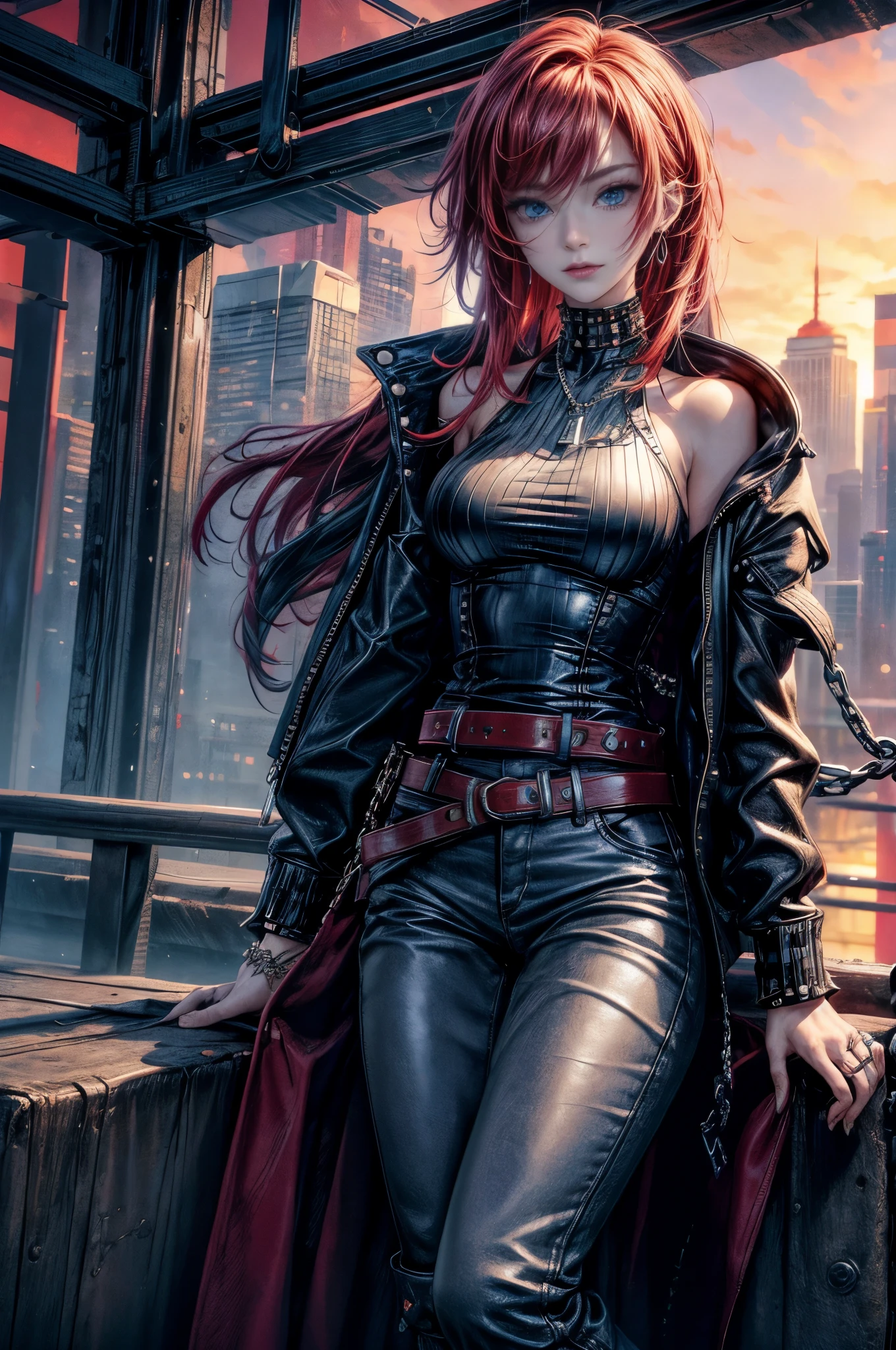 cinematic lighting、highest quality,cyberpunk world、1 female、(20 year old beautiful woman、Detailed beautiful facial features、medium bobの赤髪、shoulder length hair、blue eyes:1.4)smile、break,medium bob、（bright red hair:1.5）
BREAK
((dark leather rebellion) theme),（White collar punkRock T-shirt:1.3） (full leather outfit with a fitted white color leather jacket, ）（leather pants, and chunky boots:1.1), (accessorized with silver chain jewelry and a studded leather belt:1.3)、BREAK.（red hair）
（Evening after the rain、You can see the sunset、A place where you can see futuristic buildings in the distance、A wet place right after the rain:1.2）BREAK（portrait angle）