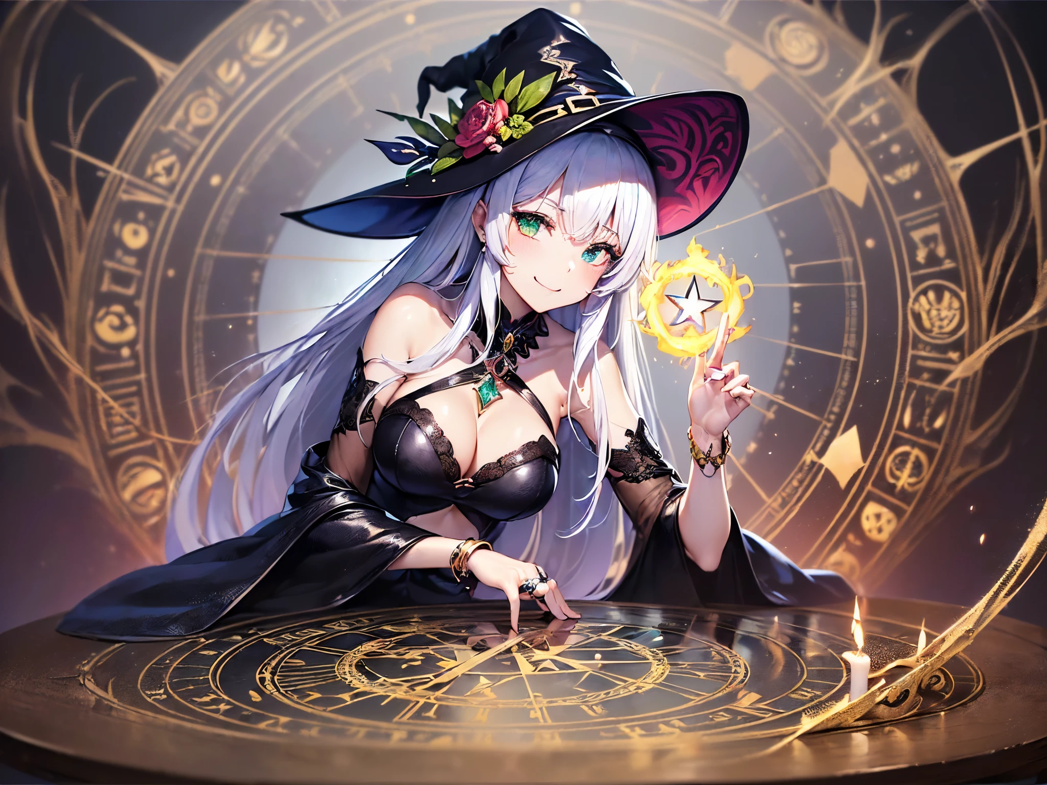 ((highest quality)),(ultra high resolution),(Super detailed),(detailed description),((best CG)),(best work of art),super precision art,amazing drawing art,(Fantasy art with precise details:1.5), (1 girl:1.5),((witch:1.6)),(beautiful and well-shaped face:1.5),(innocent smile:1.5),(emerald green eyes:1.5),(緻密で詳細に描写された髑髏が彫刻されたwitchの杖:1.6),(ring with sparkling gemstones:1.4),(rune ornament:1.4), (A magic circle with a precise and detailed geometric pattern:1.4),(A ball of flame released from a magic circle:1.4),The air trembles with shock:1.4