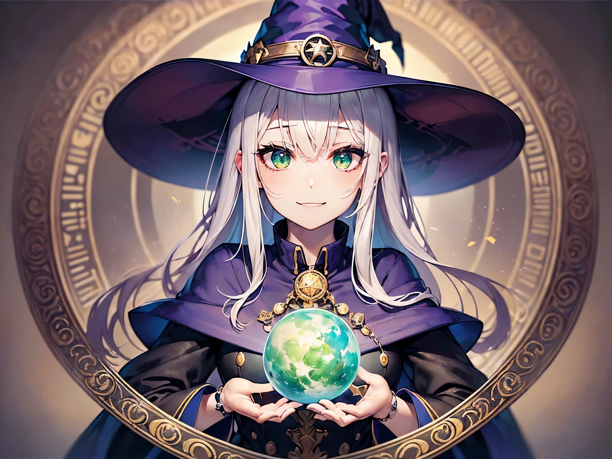 ((highest quality)),(ultra high resolution),(Super detailed),(detailed description),((best CG)),(best work of art),super precision art,amazing drawing art,(Fantasy art with precise details:1.5), (1 girl:1.5),((witch:1.6)),(beautiful and well-shaped face:1.5),(innocent smile:1.5),(emerald green eyes:1.5),(緻密で詳細に描写された髑髏が彫刻されたwitchの杖:1.6),(ring with sparkling gemstones:1.4),(rune ornament:1.4), (A magic circle with a precise and detailed geometric pattern:1.4),(A ball of flame released from a magic circle:1.4),The air trembles with shock:1.4