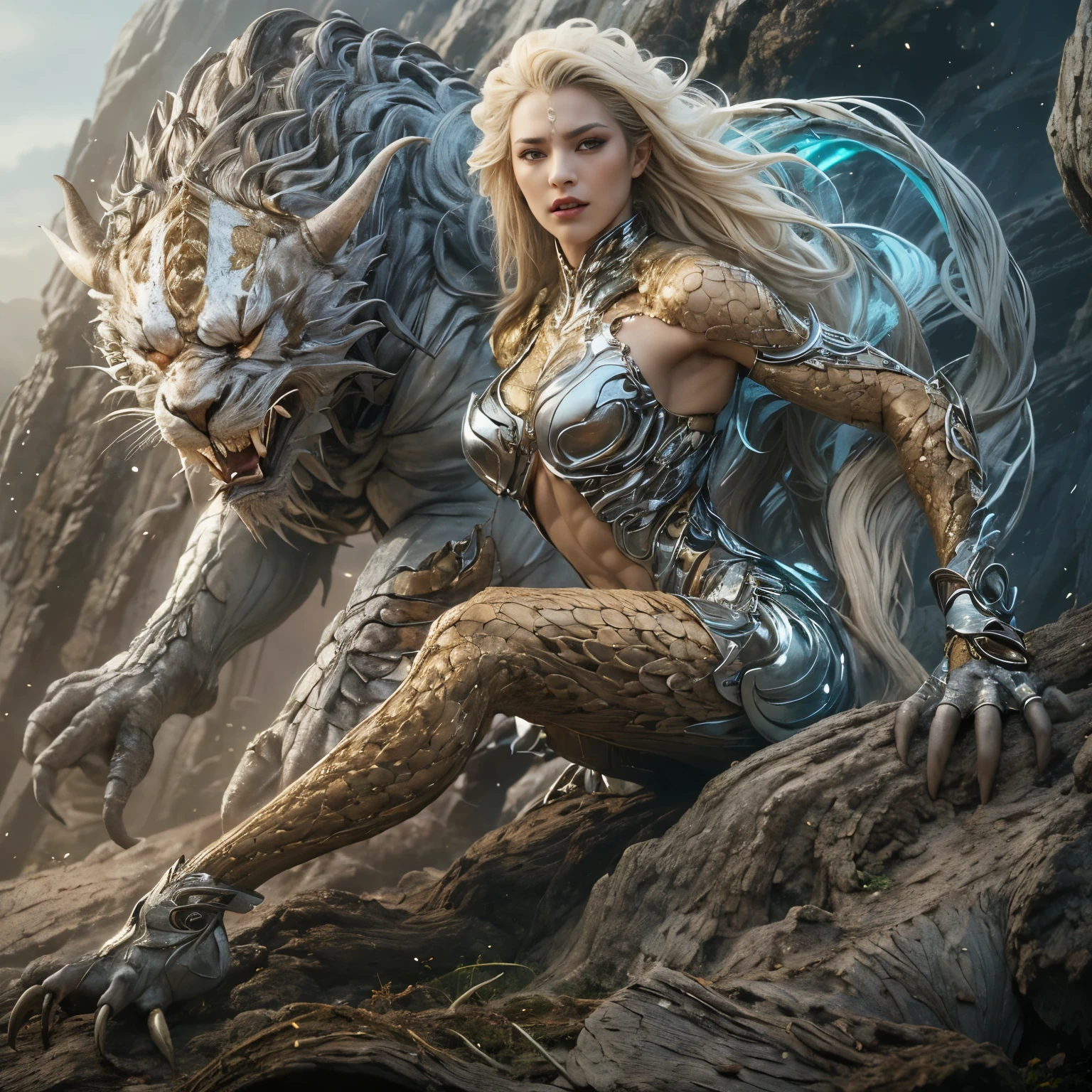 1 female alien, The predator, warrior, (extremely beautiful:1.2), (intense gaze:1.4), (predator:1.1), long dark claws, NSFW,  nipples, thick eyebrows, glowing and shining sky blue eyes, the most beautiful face in the universe, platinum blonde,

A woman with an extremely beautiful face, her intense gaze fixed on her prey, a primal force that could not be denied.

(extreamly beautiful lean body:1.5), (ultra muscular build:1.2), (prowling:1.3), (sleek movements:1.4),

Her beautiful body, muscular and toned, moved with sleek grace as she prowled, ready to strike at a moment's notice. The predator within her was always on