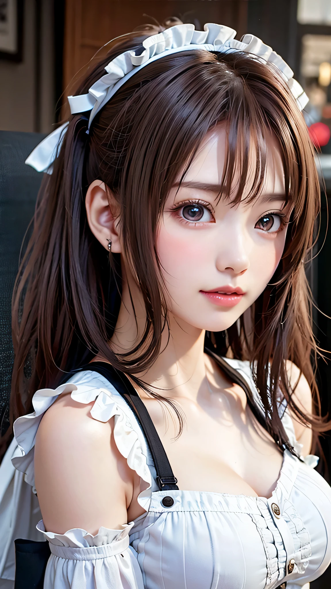 Beautiful white and shining skin、Chestnut hair that changes depending on the light、Long bangs between the eyes that obstruct the view、Cheek gloss highlights、Sexy and very beautiful nice gorgeous face、the most beautiful face in the world、twin tails、Smooth straight hair、big breasts、beautiful breasts、cleavage、Big and bright eyes、beautiful bangs、Beautiful and beautiful woman。small face beauty、headdress、white blouse、black ribbon、puff sleeves、collar、choker、white apron with fine frills、black maid costume、Upper body、