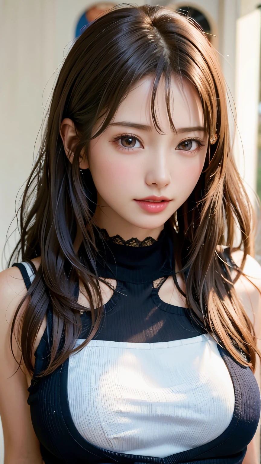 masterpiece, 最high quality, ultra high resolution, (realistic:1.4), detailed beautiful face, fine clothes, amazing european women, wearing a white tank top, So cute, Portrait, 肌が柔らかくてperfect face、perfect face, gorgeous wavy hair、long brown hair, 8K resolution,Super realistic,super detailed,high quality, (small breasts:1.2), wide field of view