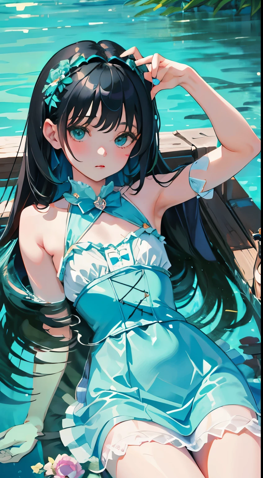 (short cute girl,small young student,young delicate girl),(masterpiece,Top quality),blue green lolita outfit,lie down on the water surface,black hair