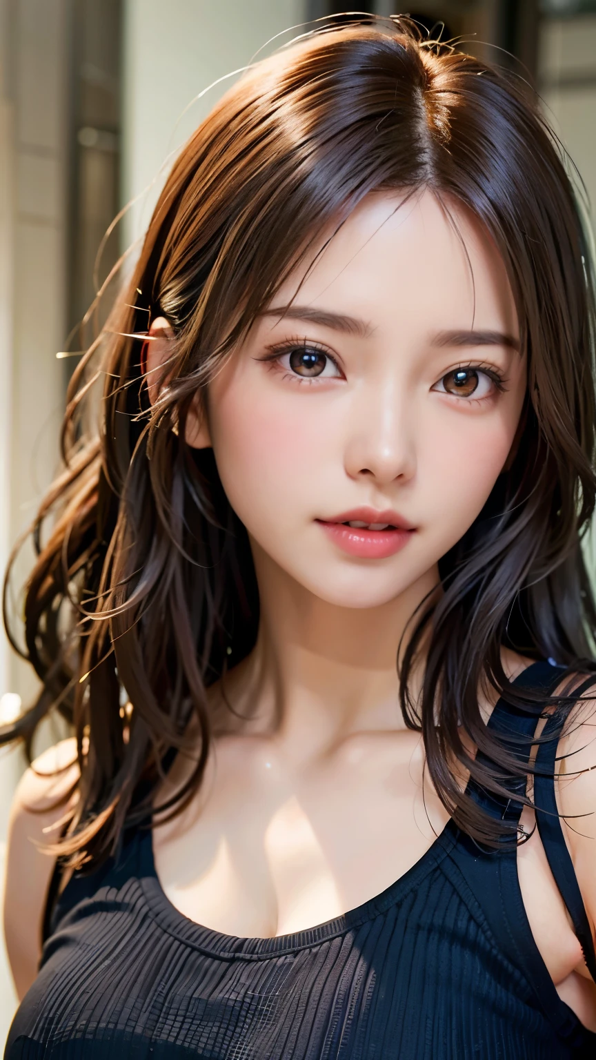 masterpiece, 最high quality, ultra high resolution, (realistic:1.4), detailed beautiful face, fine clothes, amazing european women, wearing a white tank top, So cute, Portrait, 肌が柔らかくてperfect face、perfect face, gorgeous wavy hair、long brown hair, 8K resolution,Super realistic,super detailed,high quality, (small breasts:1.2), wide field of view