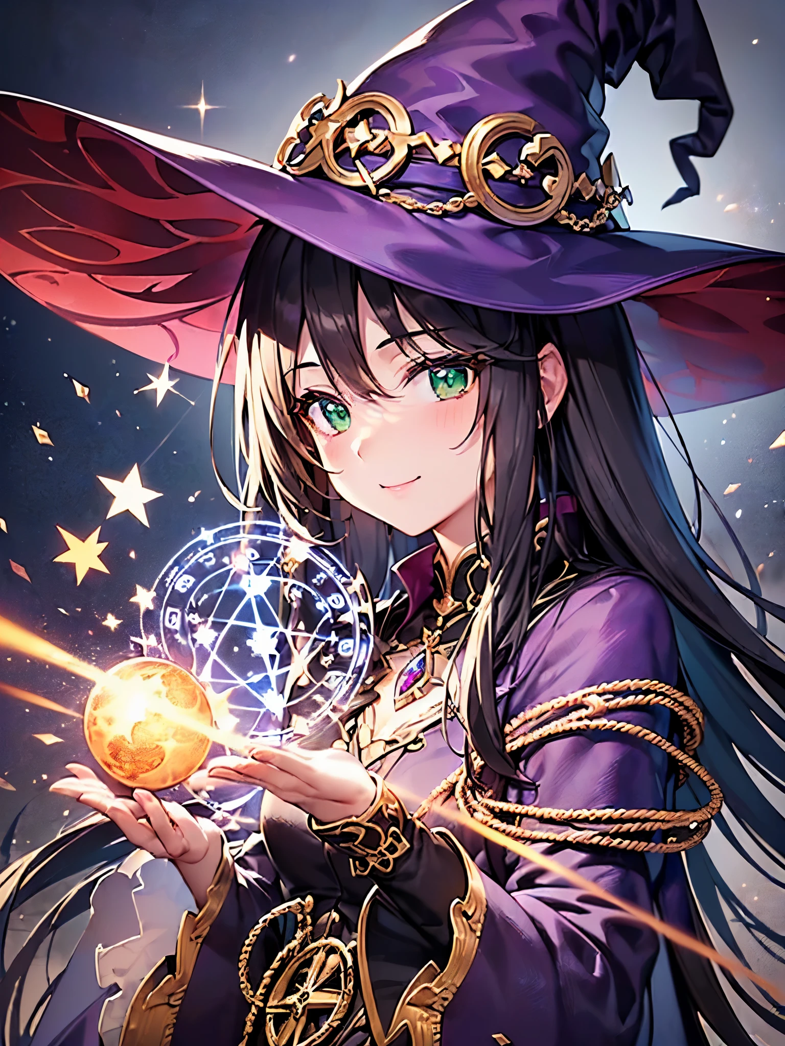 ((highest quality)),(ultra high resolution),(Super detailed),(detailed description),((best CG)),(best work of art),super precision art,amazing drawing art,(Fantasy art with precise details:1.5), (1 girl:1.5),((witch:1.6)),(beautiful and well-shaped face:1.5),(innocent smile:1.5),(emerald green eyes:1.5),(緻密で詳細に描写された髑髏が彫刻されたwitchの杖:1.6),(ring with sparkling gemstones:1.4),(rune ornament:1.4), (A magic circle with a precise and detailed geometric pattern:1.4),(A ball of flame released from a magic circle:1.4),The air trembles with shock:1.4
