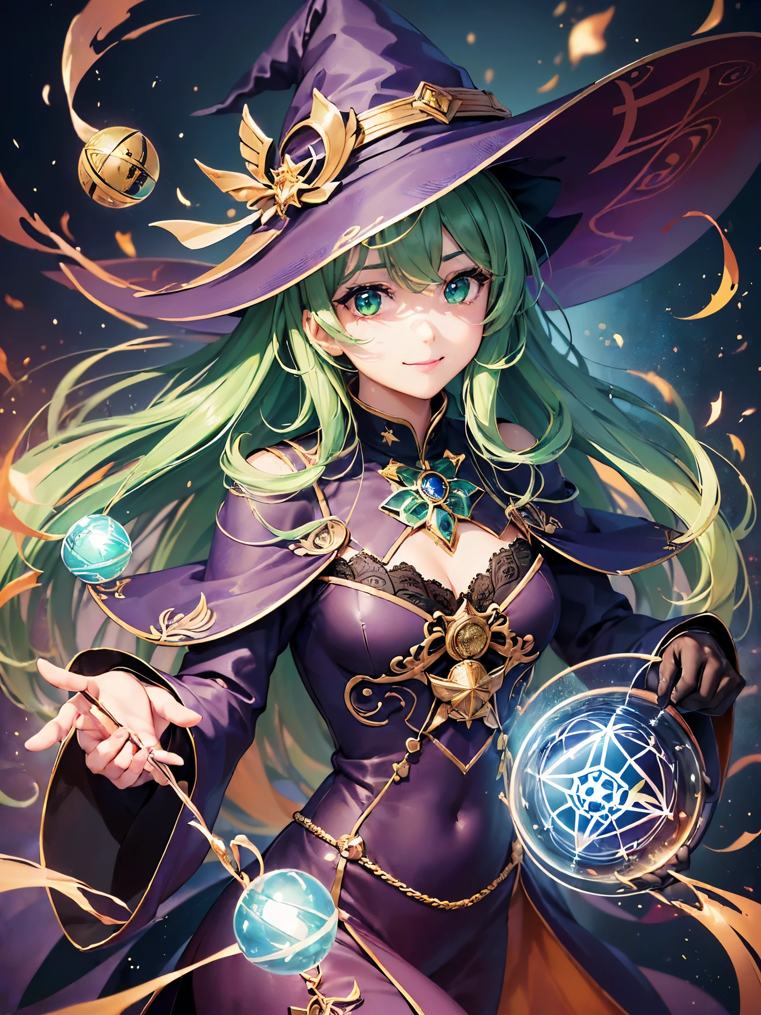 ((highest quality)),(ultra high resolution),(Super detailed),(detailed description),((best CG)),(best work of art),super precision art,amazing drawing art,(Fantasy art with precise details:1.5), (1 girl:1.5),((witch:1.6)),(beautiful and well-shaped face:1.5),(innocent smile:1.5),(emerald green eyes:1.5),(緻密で詳細に描写された髑髏が彫刻されたwitchの杖:1.6),(ring with sparkling gemstones:1.4),(rune ornament:1.4), (A magic circle with a precise and detailed geometric pattern:1.4),(A ball of flame released from a magic circle:1.4),The air trembles with shock:1.4