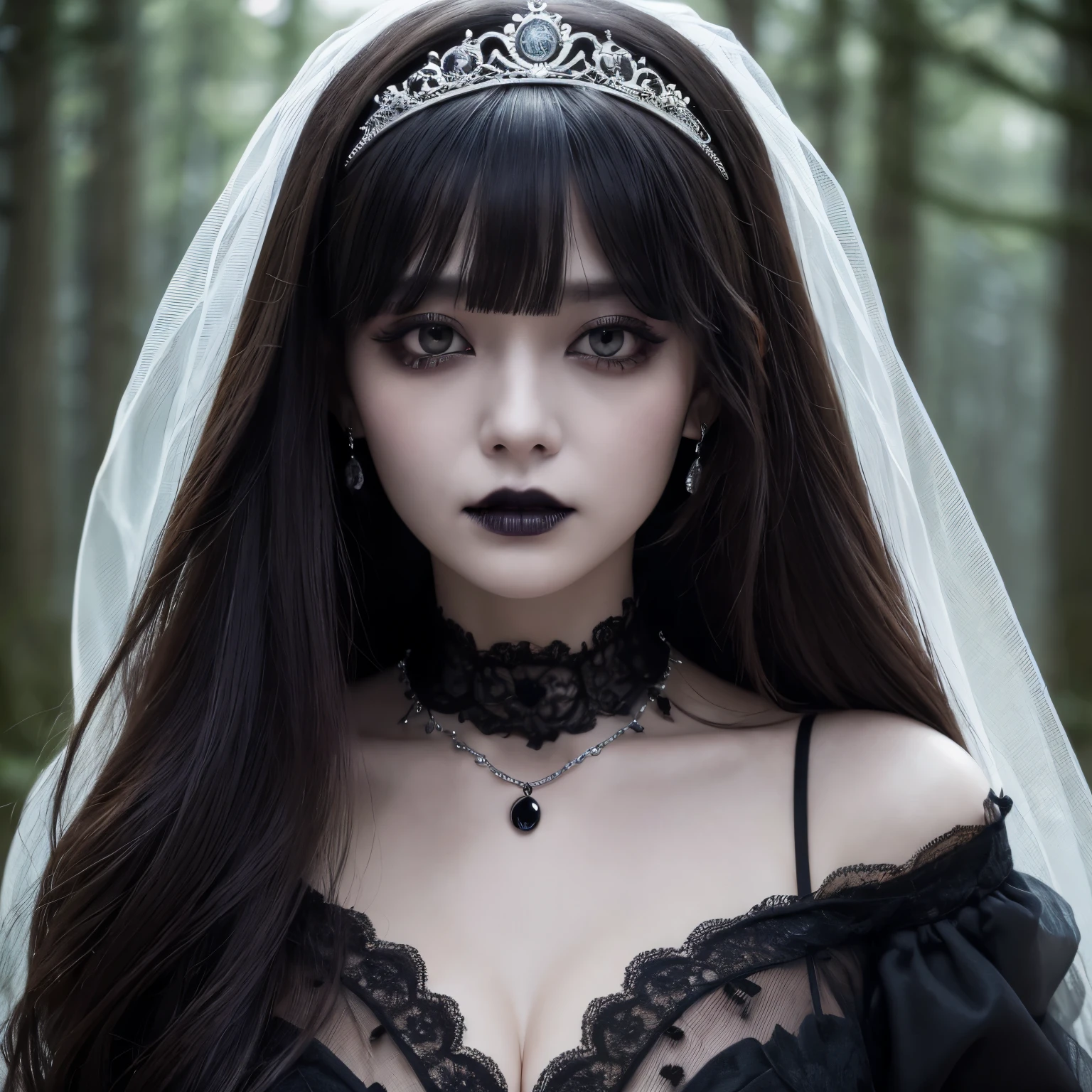 (highest quality、table top、8k、best image quality、Award-winning work、ultra high resolution)、creepy and horror bride、(Zombie Bride:1.2)、(bloody face:1.1)、(very long bangs:1.1)、(zombie makeup:1.1)、(pure white and creepy skin:1.2)、(long hair with strong waves:1.1)、black eyeshadow、(There are dark circles in the eyes:1.1)、(black lips:1.1)、long hair、(finest wedding dresses:1.1)、(wedding lace:1.1)、(Top quality giant tiara:1.1)、(finest necklace:1.1)、(dark spooky forest background:1.1)、gloomy and eerie tree々、Eerie dim night、dark thriller atmosphere、Spooky fog、small cleavage、(look at me with a sad expression:1.1)、blurred background、photo from the chest up、accurate anatomy、ultra high resolutionの顔、ultra high resolutionの髪、ultra high resolutionのキラキラした瞳、ultra high resolutionのblack lips、ultra high resolutionの完璧な歯、Creepy face drawn in detail