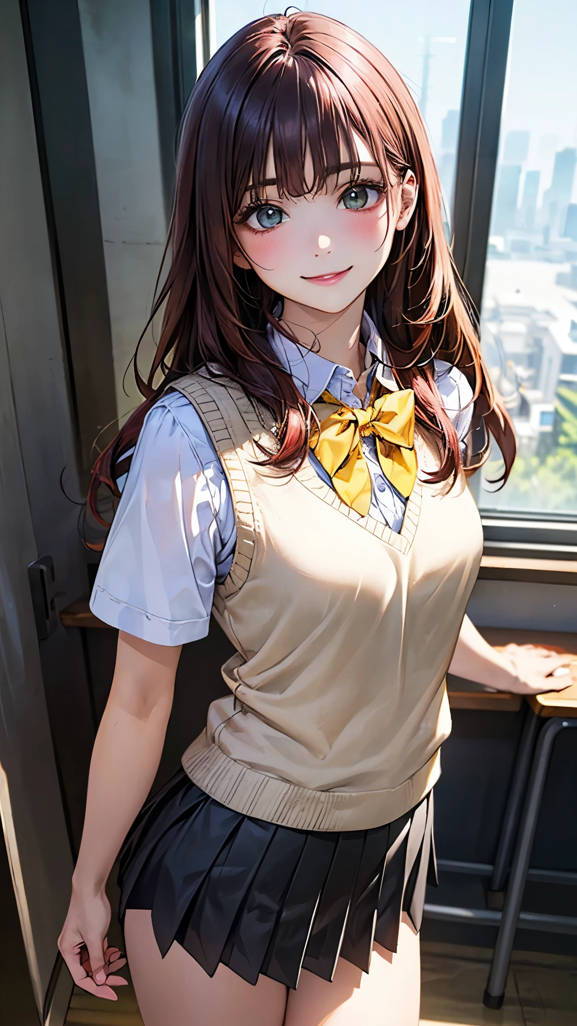 (masterpiece:1.2, top-quality), (realistic, photorealistic:1.4), beautiful illustration, (natural side lighting, movie lighting), nsfw,
looking at viewer, 1 girl, japanese, high school girl, perfect face, cute and symmetrical face, shiny skin,
(long hair:1.5, straight hair:1.4, maroon hair), swept bangs, emerald greeneyes, long eye lasher, (medium breasts), slender,
beautiful hair, beautiful face, beautiful detailed eyes, beautiful clavicle, beautiful body, beautiful chest, beautiful thigh, beautiful legs, beautiful fingers,
((white collared shirts, grey pleated mini skirt, yellow grown knitted vest), dark red bow tie),
(beautiful scenery), evening, (school class room), standing, (point at viewer, smile, open mouse),
