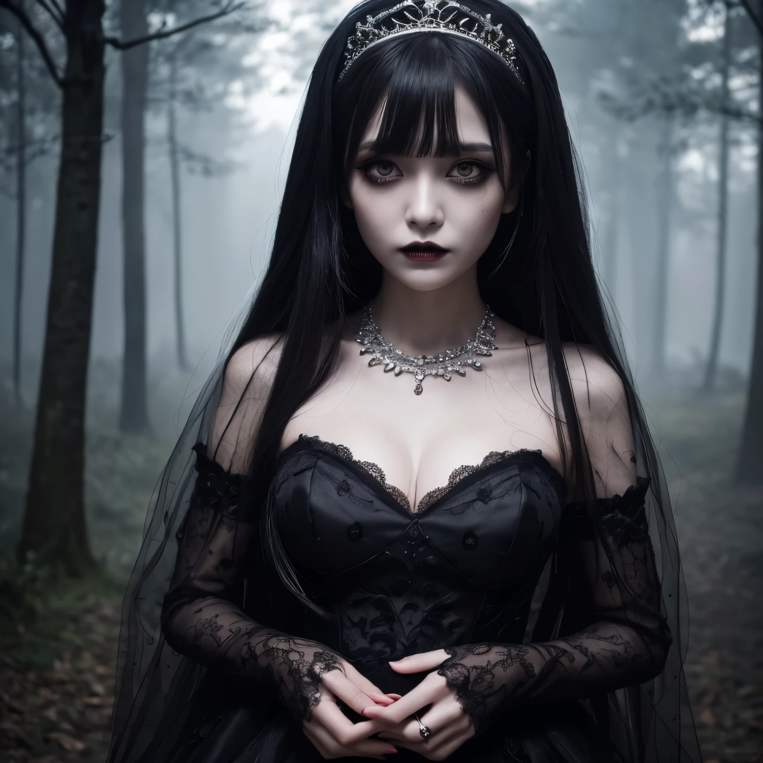 (highest quality、table top、8k、best image quality、Award-winning work、ultra high resolution)、creepy and horror bride、(Zombie Bride:1.2)、(bloody face:1.1)、(very long bangs:1.1)、(zombie makeup:1.1)、(pure white and creepy skin:1.2)、(long hair with strong waves:1.1)、black eyeshadow、(There are dark circles in the eyes:1.1)、(black lips:1.1)、long hair、(finest wedding dresses:1.1)、(wedding lace:1.1)、(Top quality giant tiara:1.1)、(finest necklace:1.1)、(dark spooky forest background:1.1)、gloomy and eerie tree々、Eerie dim night、dark thriller atmosphere、Spooky fog、small cleavage、(look at me with a sad expression:1.1)、blurred background、photo from the chest up、accurate anatomy、ultra high resolutionの顔、ultra high resolutionの髪、ultra high resolutionのキラキラした瞳、ultra high resolutionのblack lips、ultra high resolutionの完璧な歯、Creepy face drawn in detail