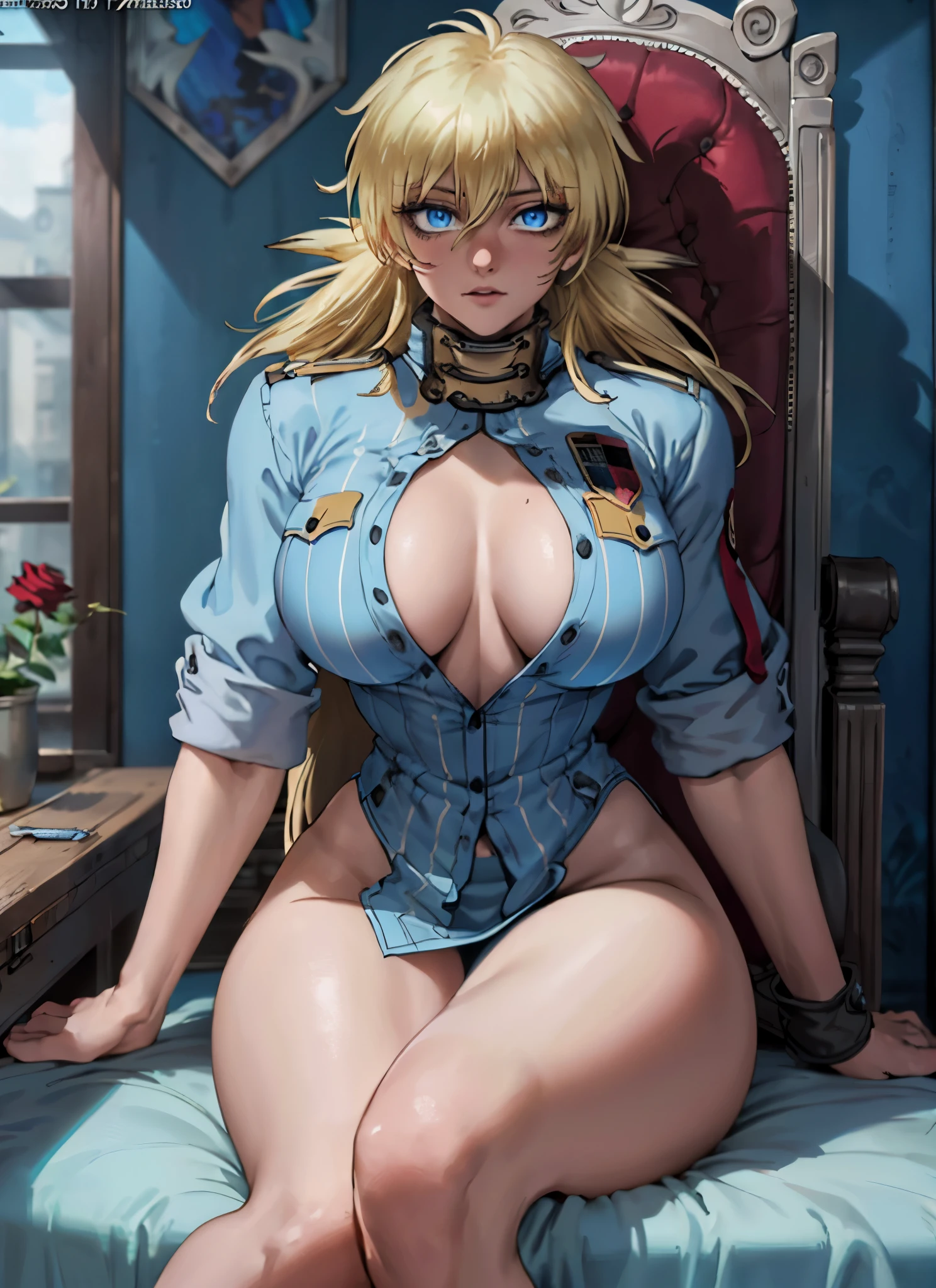 (masterpiece, highest quality, best quality, official art, beautiful and aesthetic: 1.2), (1girl), extremely detailed, (fractal art: 1.3), colorful, highest detailed, perfect face, upper body, HDR, (prayer: 1.3), (white gold lines of cloak: 1.2), galaxy, (light stripes), vivid visual effects, (dynamic stripes, luminous traces: 1.2), bright colors, roses, tarot, priestess, sitting on the throne, library, magic library, books, reading, tea, roses in hair, blonde hair, full growth, hellsing, seras, foot to foot, sitting, breast focus, breasts, large breasts, bare breasts, naked, nude, boob window, sexy, wide hips, thicc figure, Detailed blue eyes, Detailed face, Detailed eyes,