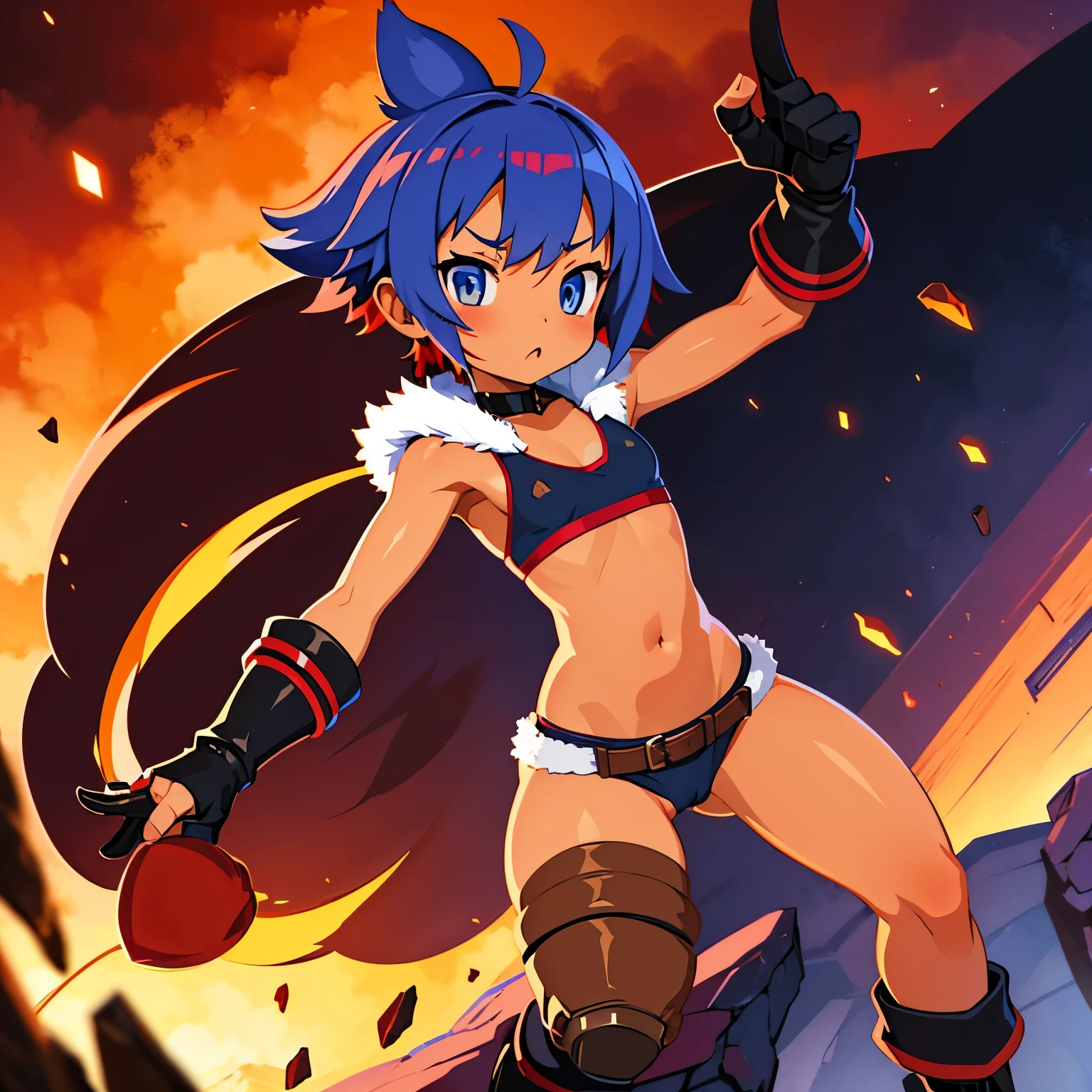 Dwarf Pygmy Slender Modest chest Cat eyes Chestnut-like mouth Red cheeks Short messy blue hair Amber eyes Dark skin Sunburn sports bra Spats Gloves Short boots Belt Choker Bandage White fur hood Navel Groin Thighs Tail