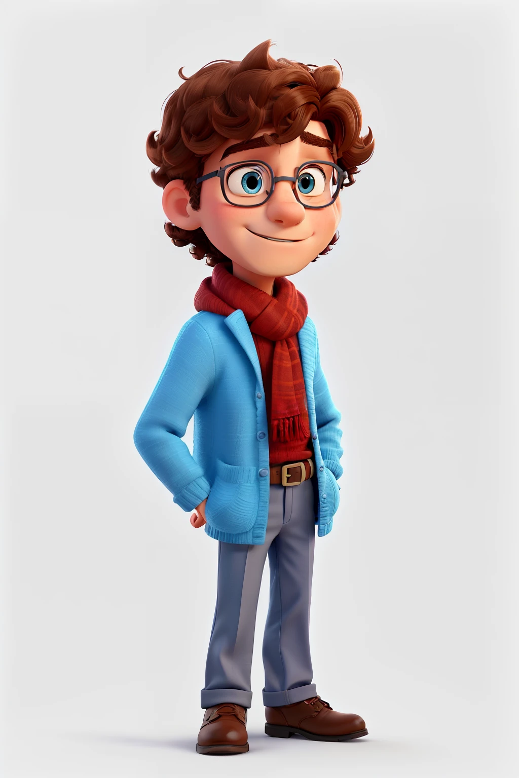 In this enchanting 8K image, a charming man is depicted in Pixar style against a pristine, white background. His 3D cartoon figure boasts amazing detail, with rich and vibrant colors bringing every feature to life. As the high-definition image comes into sharp focus, you can't help but notice the intricate textures and patterns on his attire.
This incredible masterpiece showcases a man with a captivating expression, his twinkling round eyes radiating joy. His short, curly hair frames a face full of warmth and kindness. The man is dressed in a pristine white shirt and blue trousers, accessorized with a red scarf