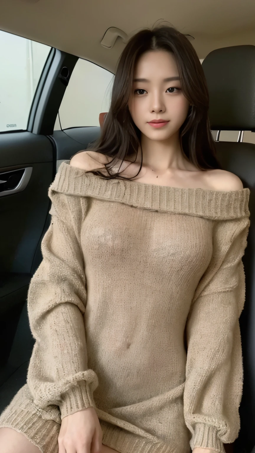 ((top-quality、8k、masterpiece:1.3))、Beautiful woman with perfect body:1.4、slim abdomen:1.2、Longhair, normal breast, Highly detailed facial and skin texture, A detailed eye, delicate eyes, double eyelid, (smile), (full body shot), ((in a car 1.1)), (sitting in car), (((wearing Sweater Dress:1.1)), looking in front