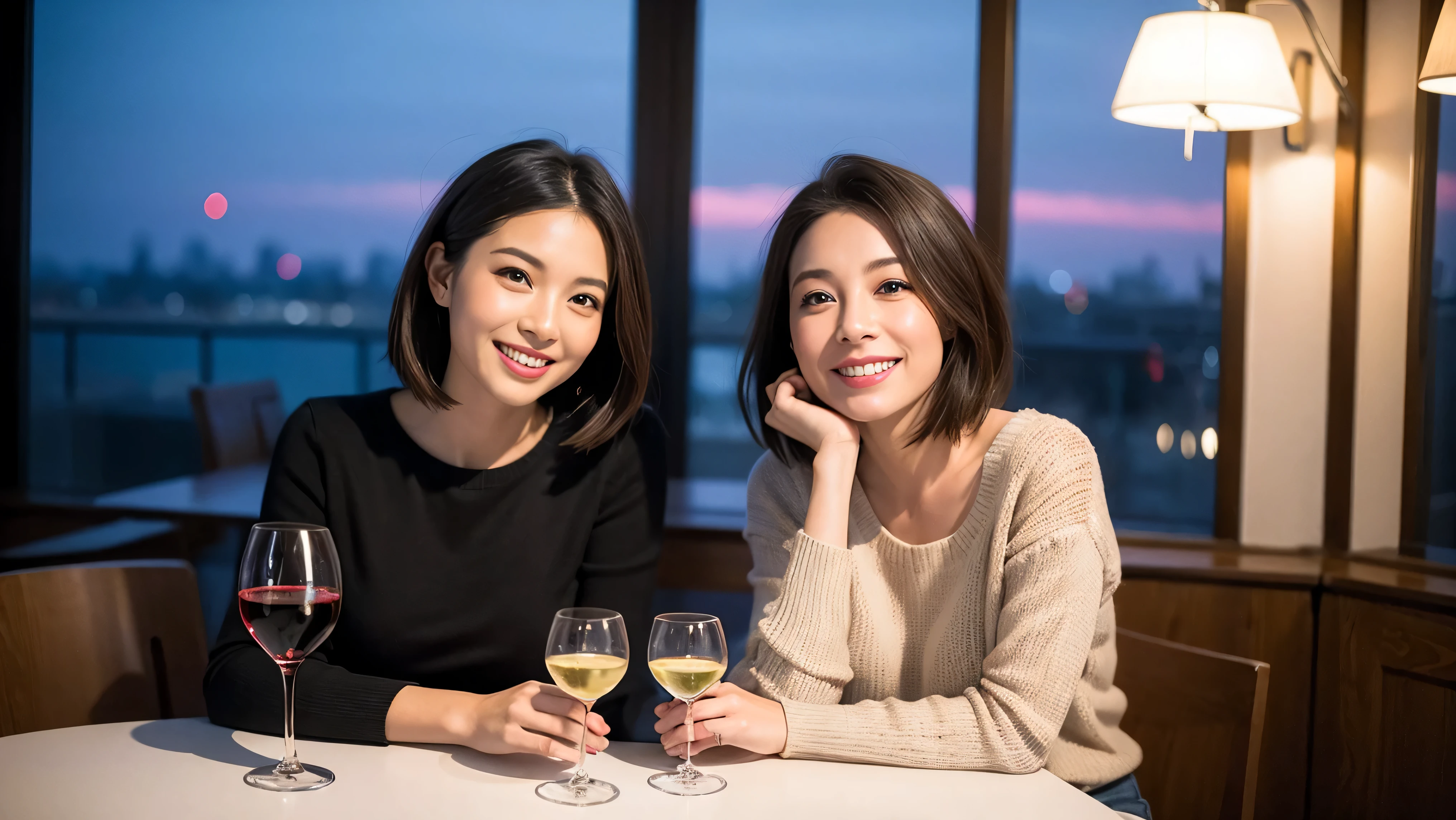 (including 64k、nffsw、highest quality、masterpiece:1.2)、(realistic、Photoreal:1.37)、Super detailed、wine glass、while enjoying wine、mature woman、two beautiful women、(slim face)、(because I&#39;thin)、（brown hair）、(shortcut)、Latino、smileのフランス人女性、happy italian girl、british woman、Americana、cheeks slightly red、(38 years)、42 years old、red wine、窓の外には美しく緻密なnight景が広がります.......、restaurant、目立つ場所にあるwine glass、night、(from the waist up)、sit on top、date、(laughter:1.15)、fine and beautiful eyes、cashmere sweater、long sleeve dress、Japanese、(short hair:1.2)、Float NovaFrogStyle、、modeled、from the waist up、White wine、turned into slime、wine glass、超綺麗なnight景、wine glassを真ん中に置きます、smile、(8k、RAW photo、highest quality、masterpiece:1.2)、(realistic、Photoreal:1.37)、Super detailed、ultra high resolution、2 females、see the beholder、beautiful and detailed face、laughter、narrow、(slim waist) :1.3)、knit shirt、Fine and beautiful skin、skin texture、floating hair、professional light needle breast、kind eyes