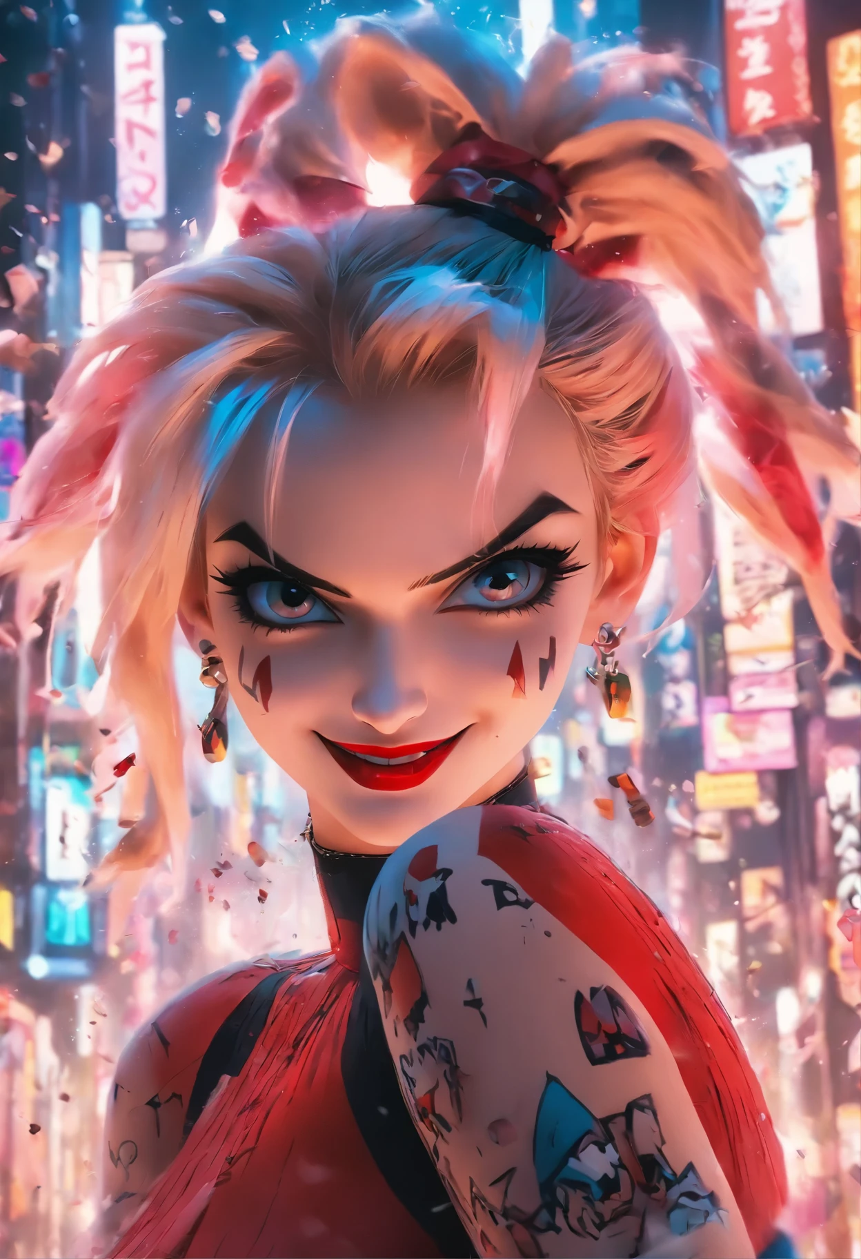 a woman in a red dress holding a injection a portrait inspired by Eiichiro Oda, trending on pixiv, graffiti, harley quinn, harley queen, advanced digital anime art ”, anime”, 8k render”, of harley quinn, youtube thumbnail, “ anime, 4 k'', [ 4 k digital art, badass anime 8 k