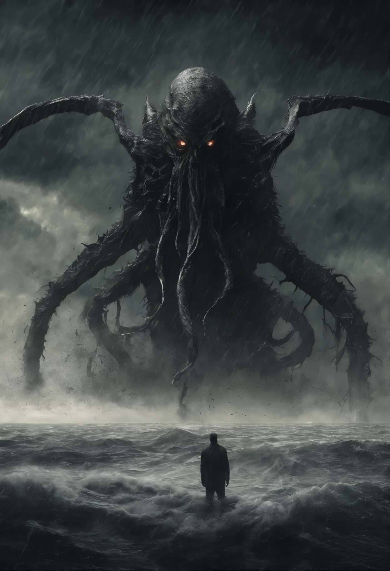 (masterpiece, RAW photo, best quality, 8k), HD photo, hasselbad, cinematic, portrait, closeup, headshot, cthulhu, emerging from ocean, staring at viewer, powerful body, intricate details:1.5, wings, tentacles ,monstrous , abomination, elder god, demon, storm, rain, mountains in background, lightning,
