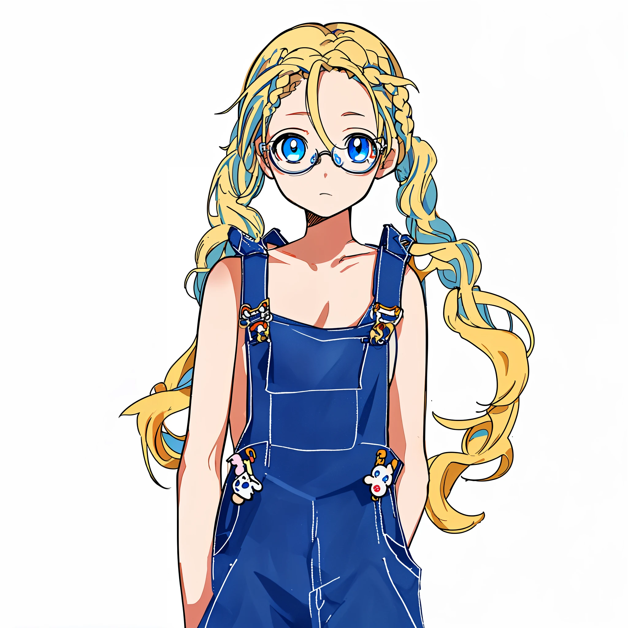 anime girl in overalls, blond hair with pigtails, (hair in two braided pigtails:1.2), (no shirt under overalls:1.5), kawaii portrait, render of april, abigail from stardew valley, detailed anime character art, blonde anime girl, official character art, marin kitagawa fanart, cute anime girl, anime style character, cute anime girl portraits, cute anime girl portrait, anime character art, (glasses:1.3), no shirt, (nude overalls:1.3), no shirt, no bra, nude torso, hadaka apron, (blue eyes:1.4), mature woman, 28 years old