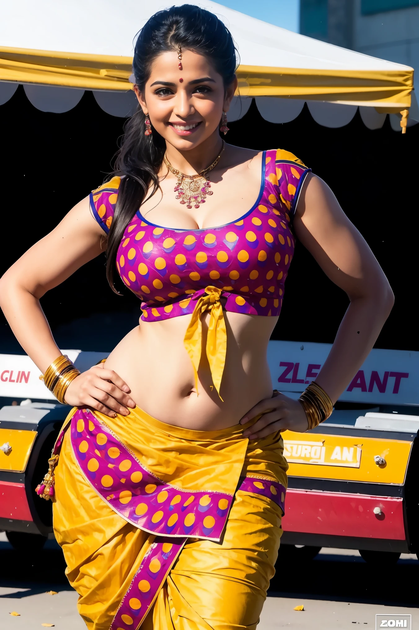 HD wallpaper 32k cinematic shoot of a Beautiful cute Indian girl, with thick thighs and a curvy waist, wearing an Indian blouse top, standing in a market